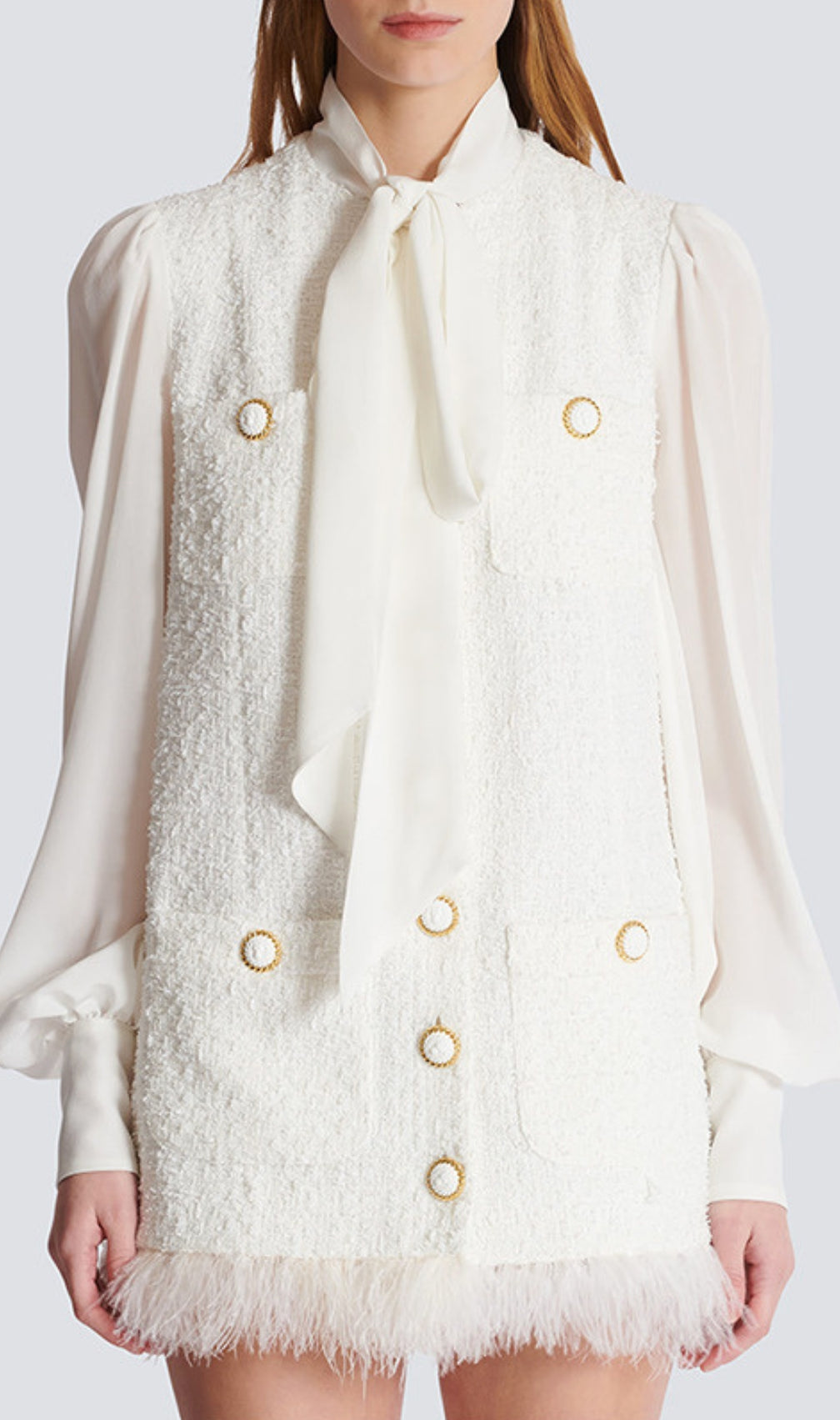 Bush White Feather-Trim Tweed Mini Dress