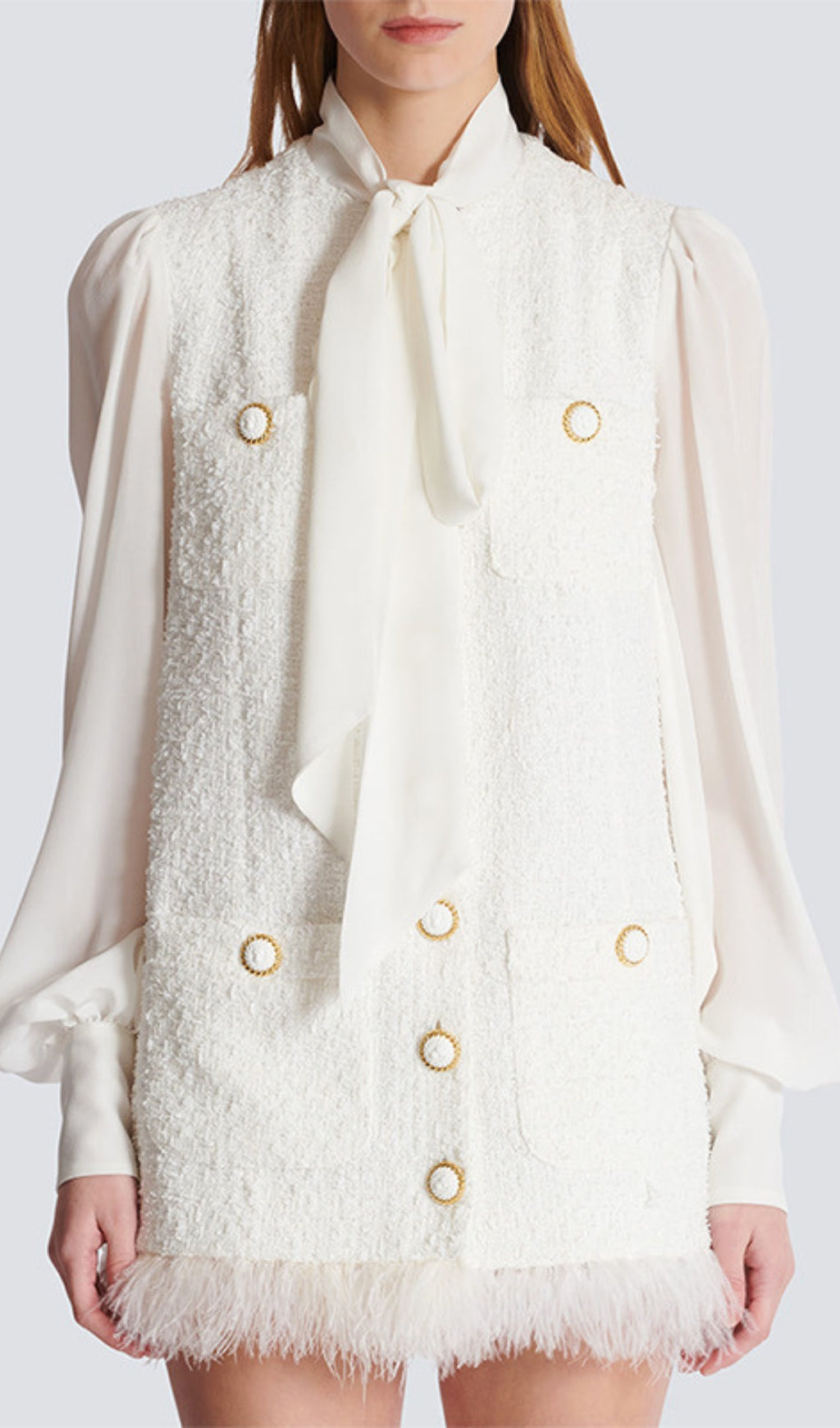 Bush White Feather-Trim Tweed Mini Dress