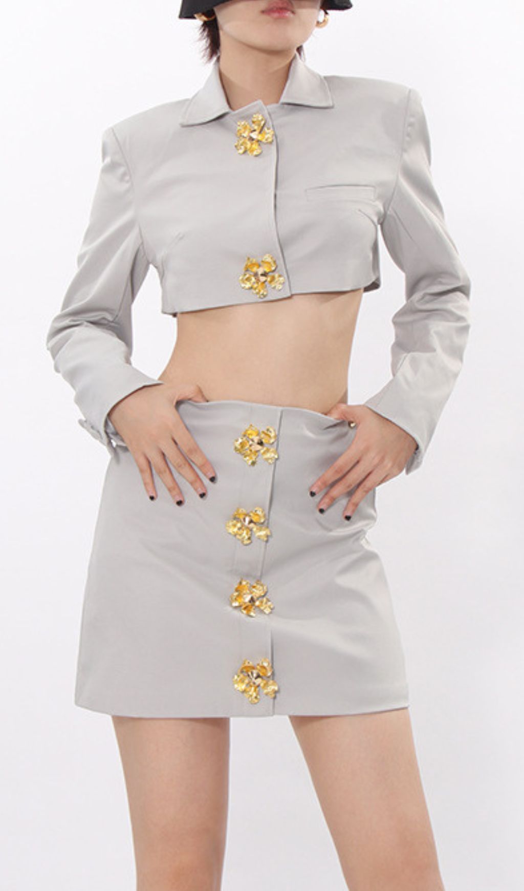 Idriya Chic Grey Cropped Blazer & Mini Skirt Set with Gold Floral Buttons