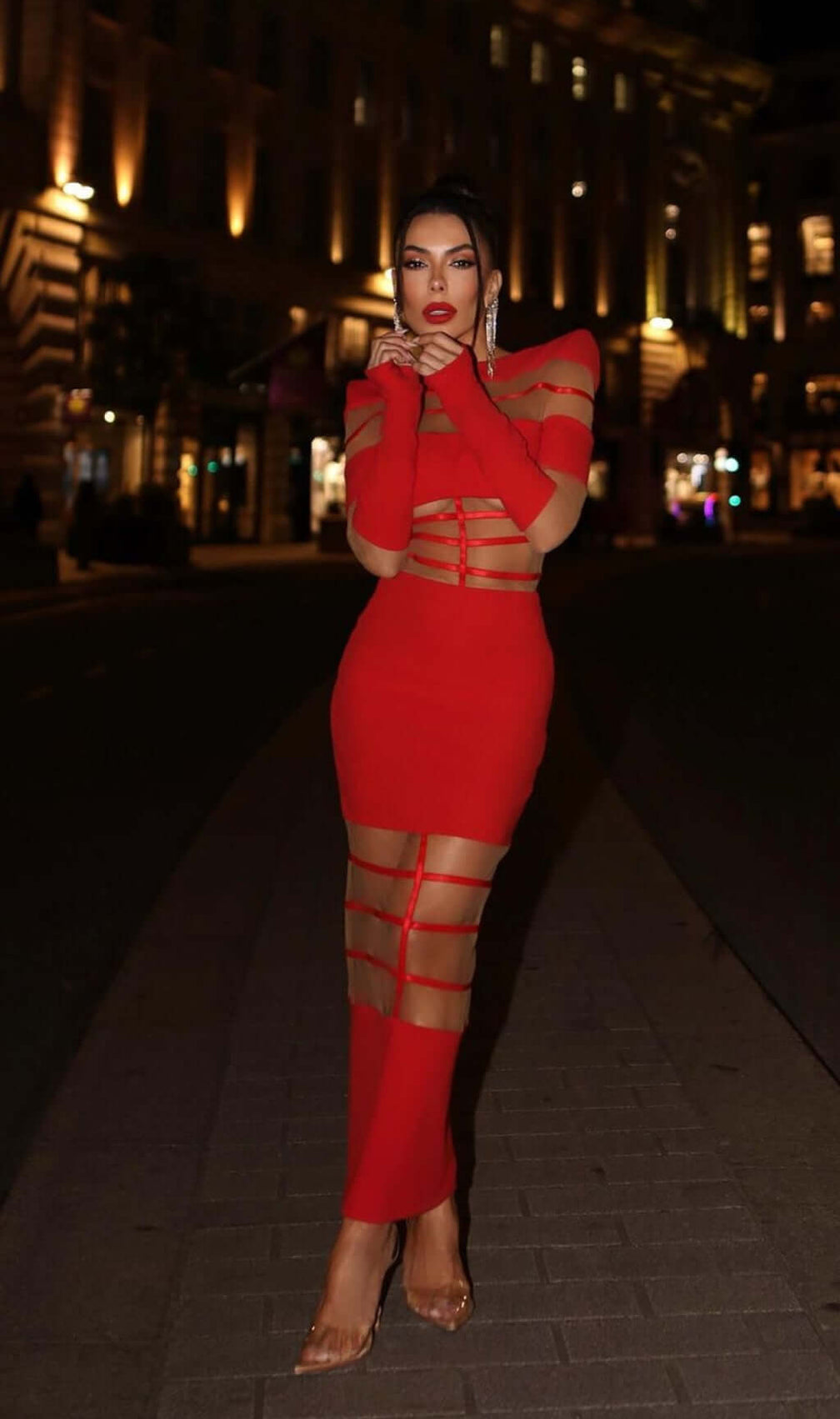 Banan Long Sleeve Mesh Bodycon Midi Dress