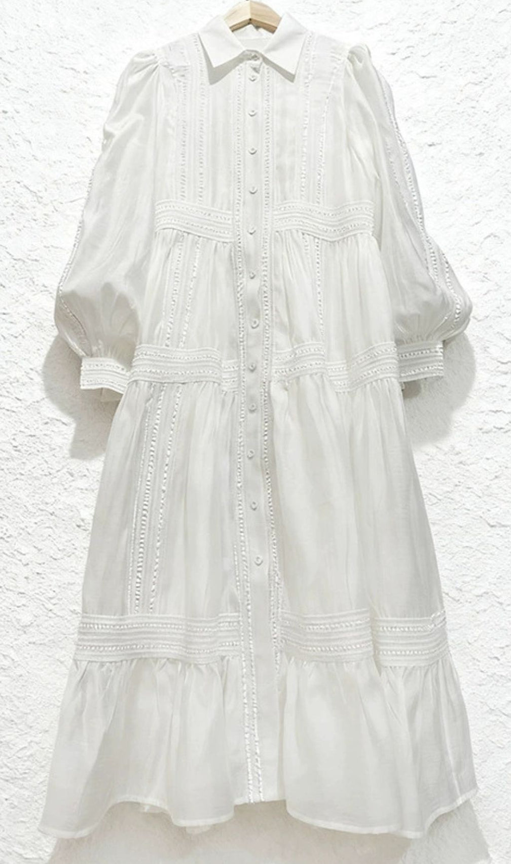 Izumi Sky Blue Lace Tiered Midi Shirtdress | Elegant Long Sleeve Dress for Women