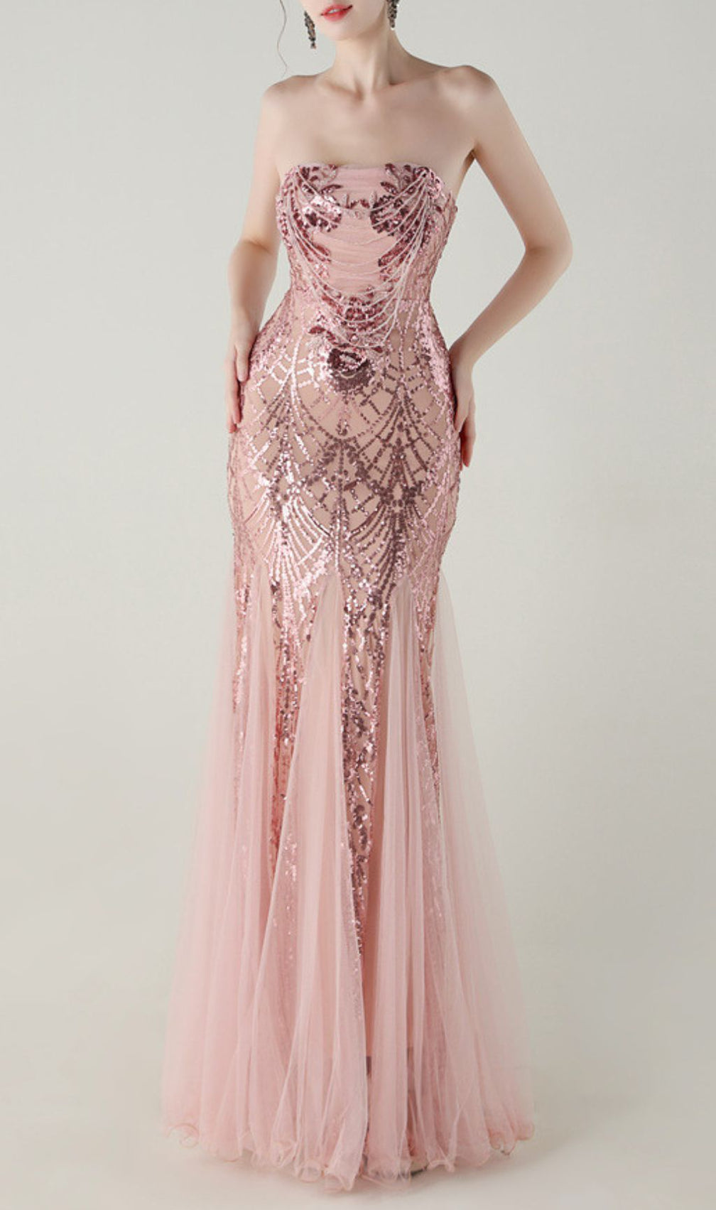 Ikuye Rose Gold Sequin Strapless Mermaid Gown - Gala & Prom Maxi Dress