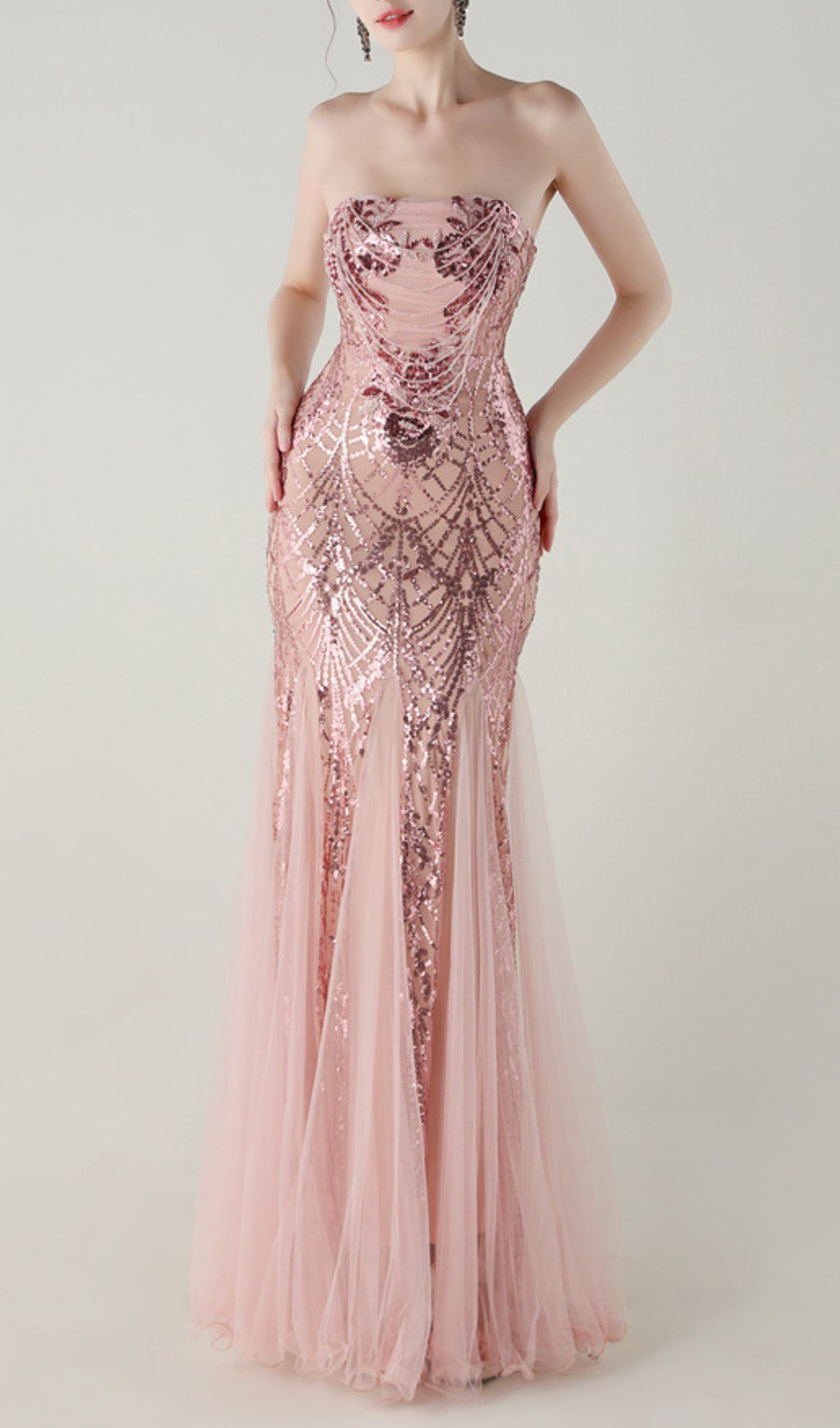 Ikuye Rose Gold Sequin Strapless Mermaid Gown - Gala & Prom Maxi Dress