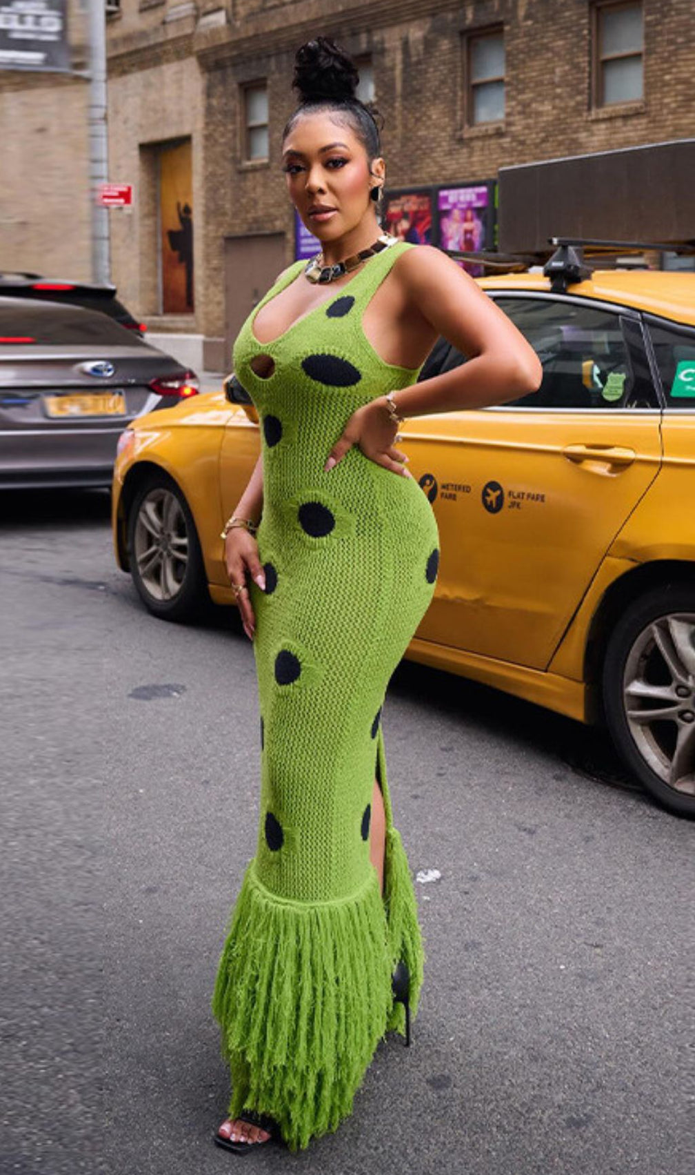 Gaelion Vibrant Green Polka Dot Fringe Knitted Midi Dress - Statement Summer Style