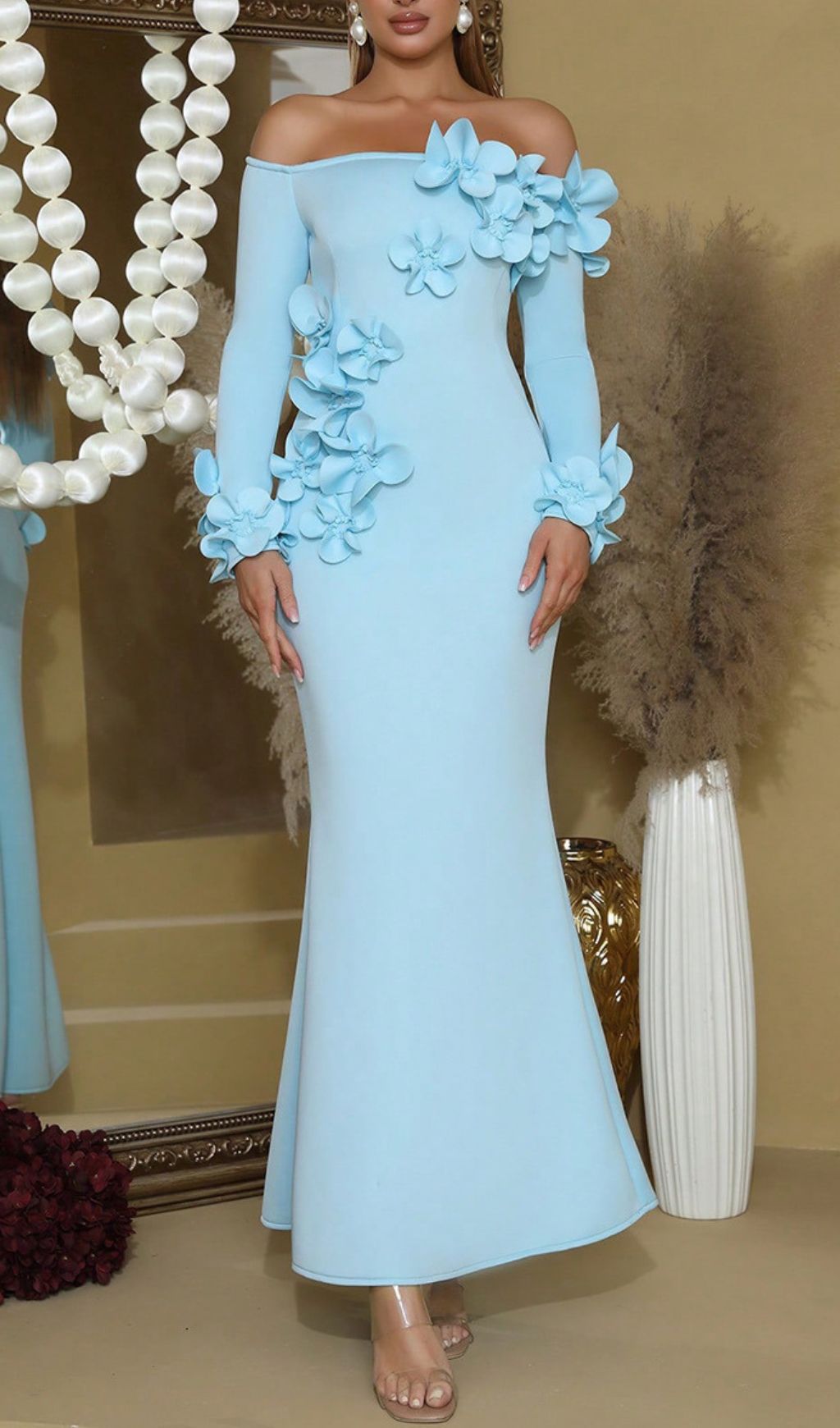 Ethereal Blue Floral Off-Shoulder Maxi Dress | Elegant Wedding Guest Gown