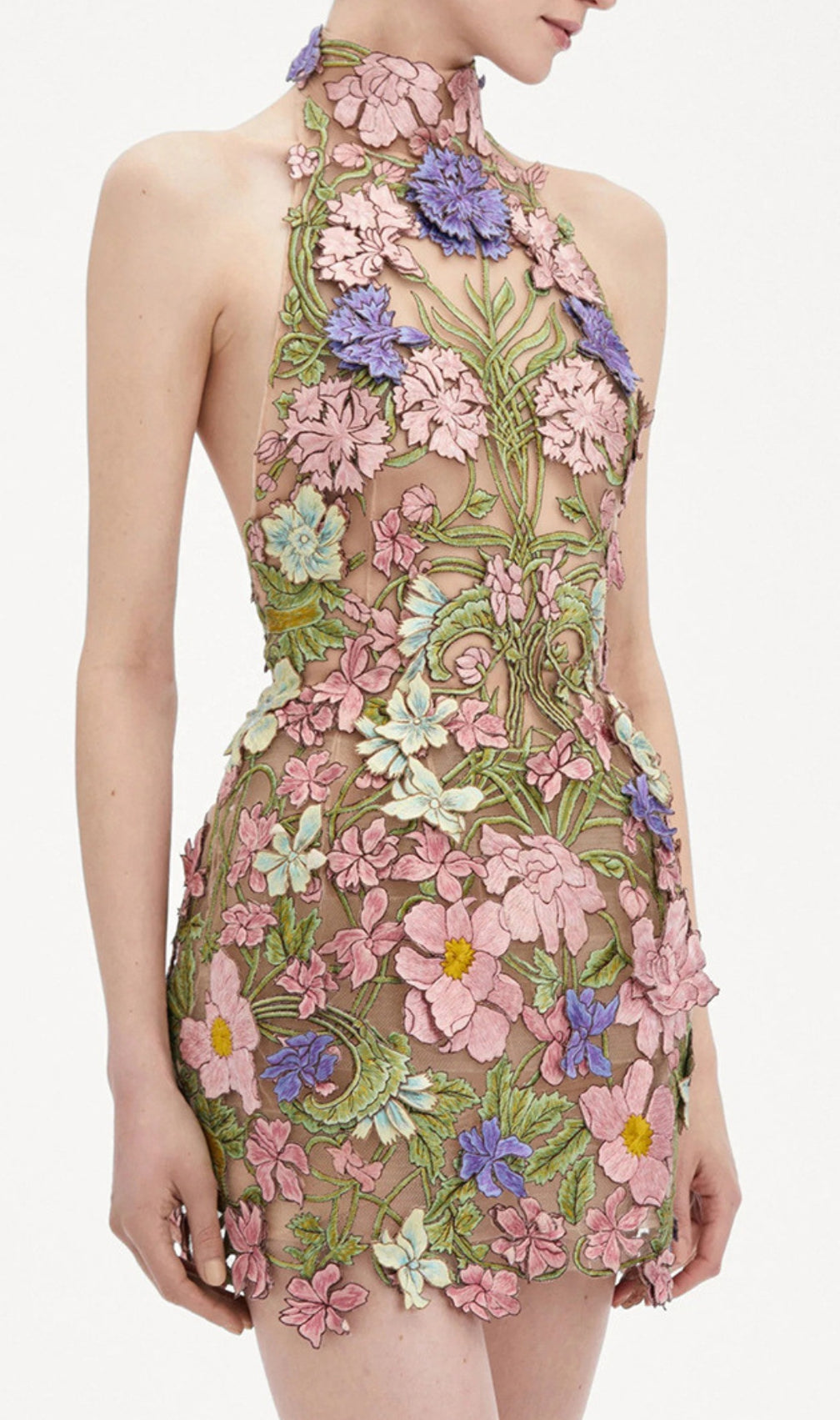 Dotty Halter Flower Embroidery Backless Mini Dress