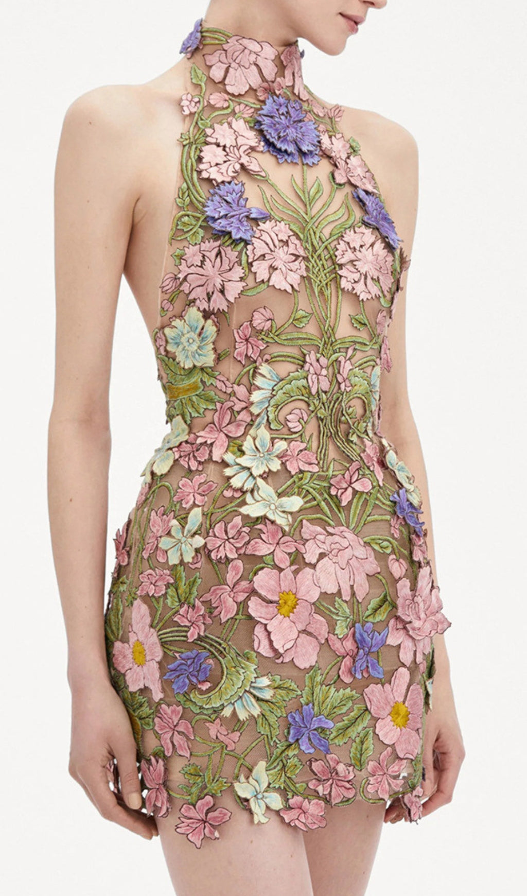 Dotty Halter Flower Embroidery Backless Mini Dress
