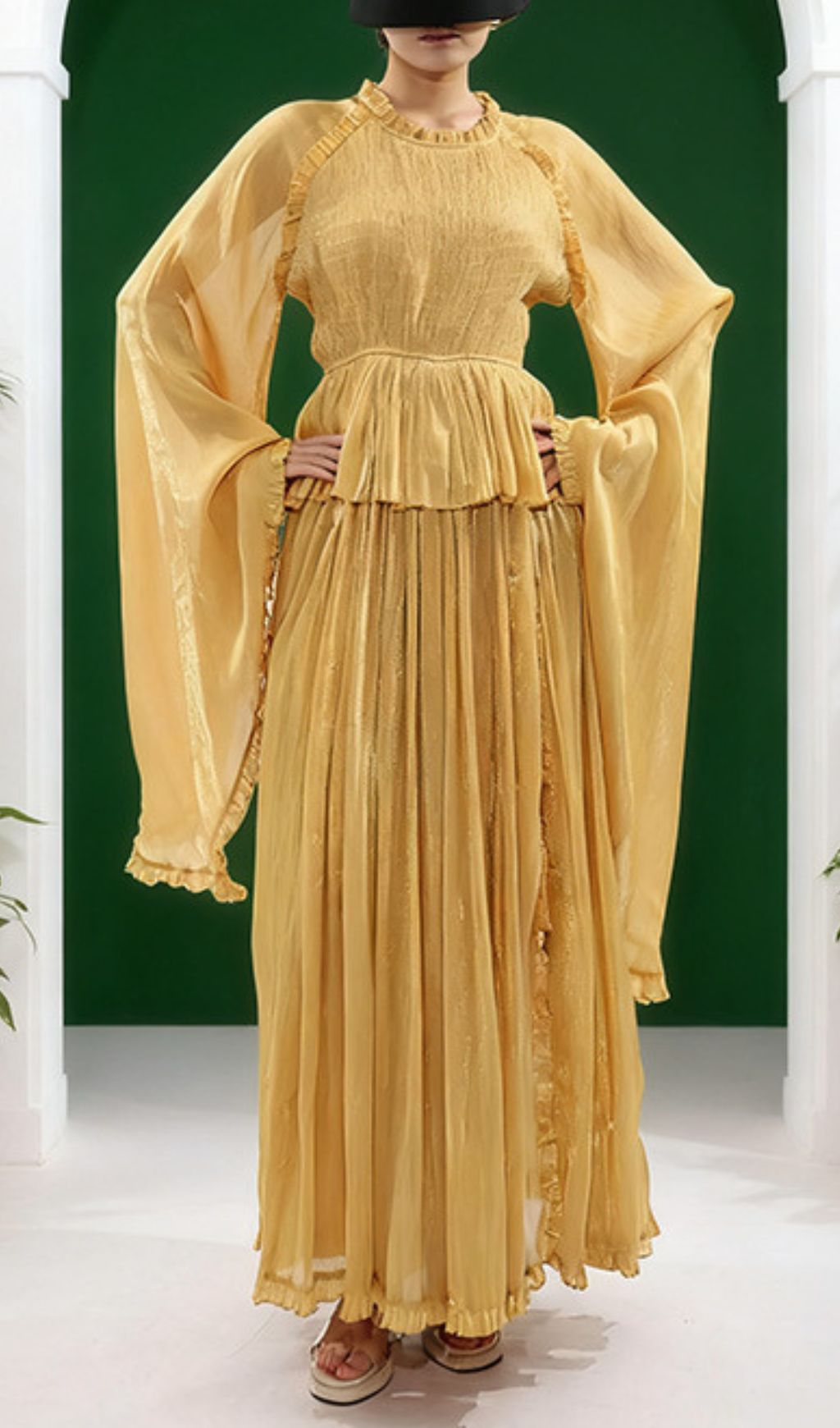 Holle Golden Pleated Maxi Dress for Women - Elegant Long Sleeve Occasion Gown