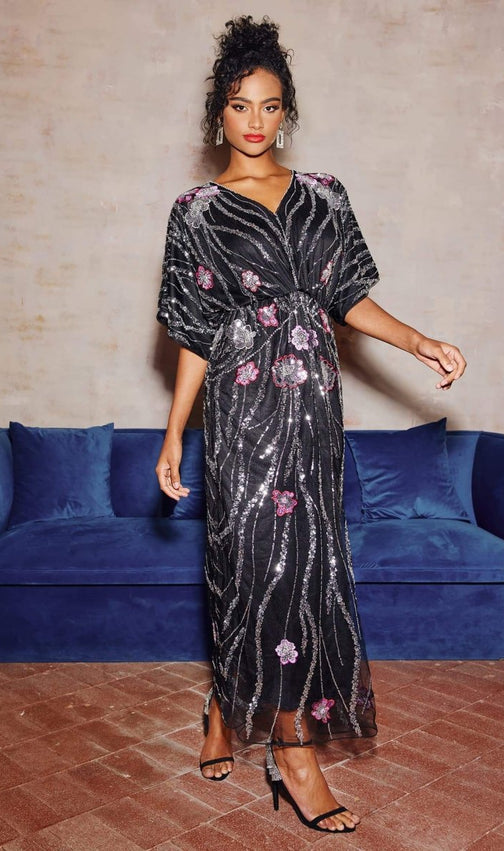 Doreen Black Floral Sequin Maxi Dress - Elegant Evening & Gala Gown
