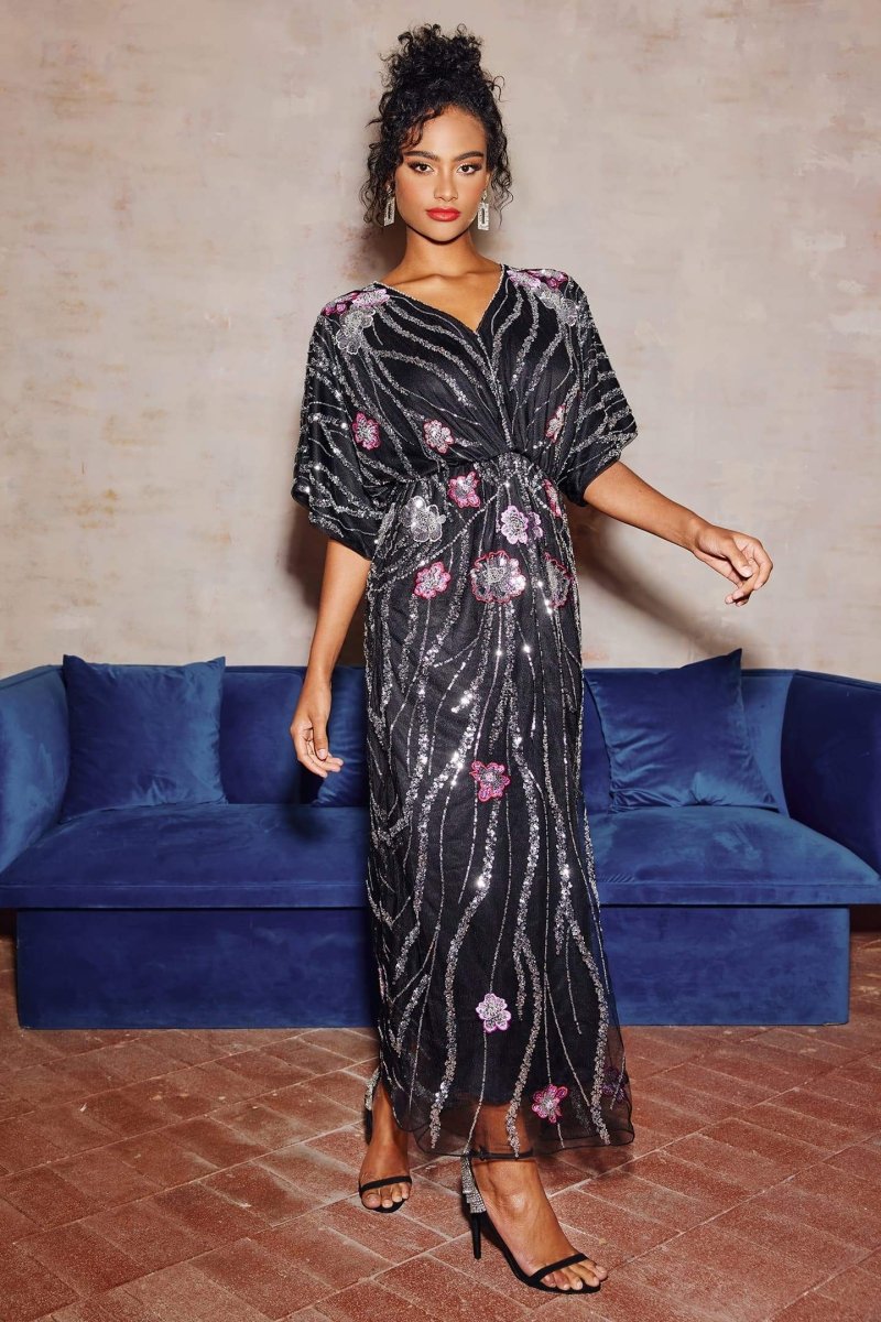 Doreen Black Floral Sequin Maxi Dress - Elegant Evening & Gala Gown