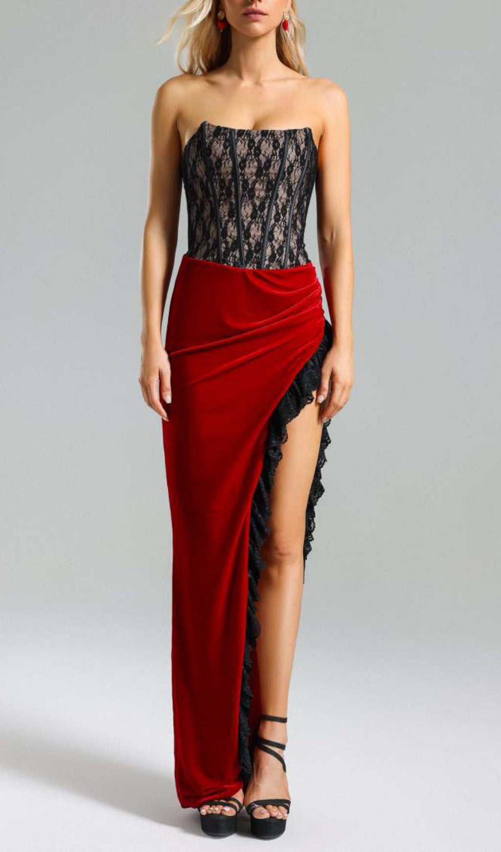 Aubrianna Lace Corset Velvet Maxi Dress