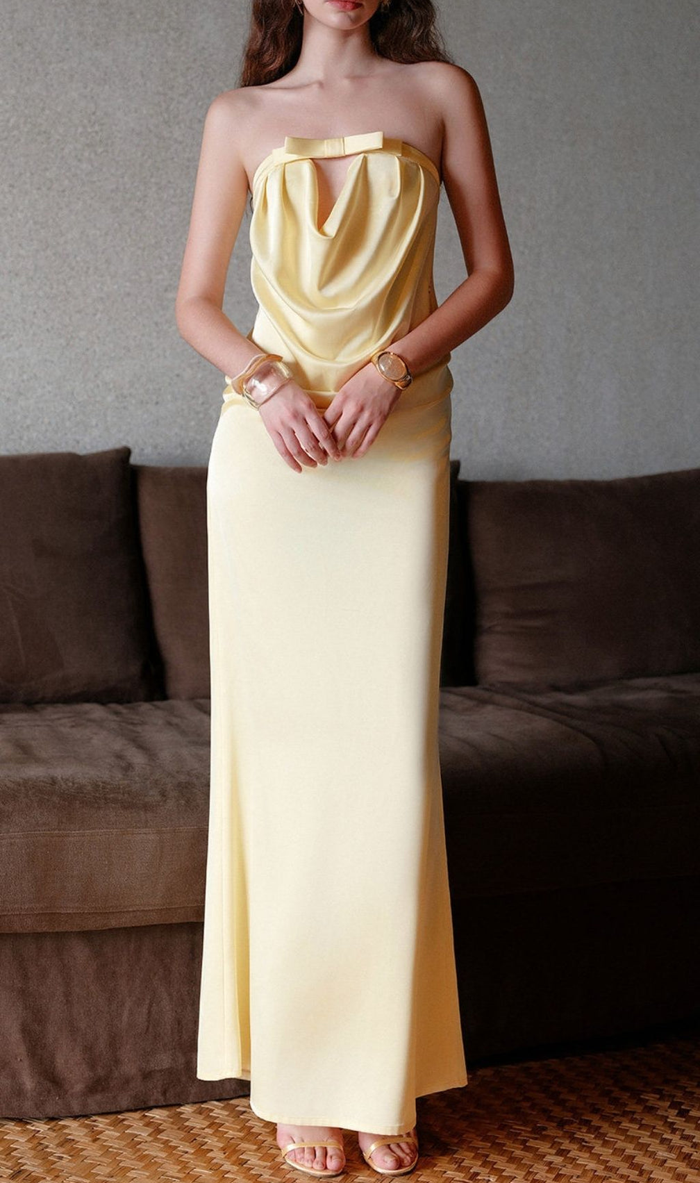 Khadija Radiant Yellow Strapless Satin Maxi Dress | Elegant Cowl Neck Gown