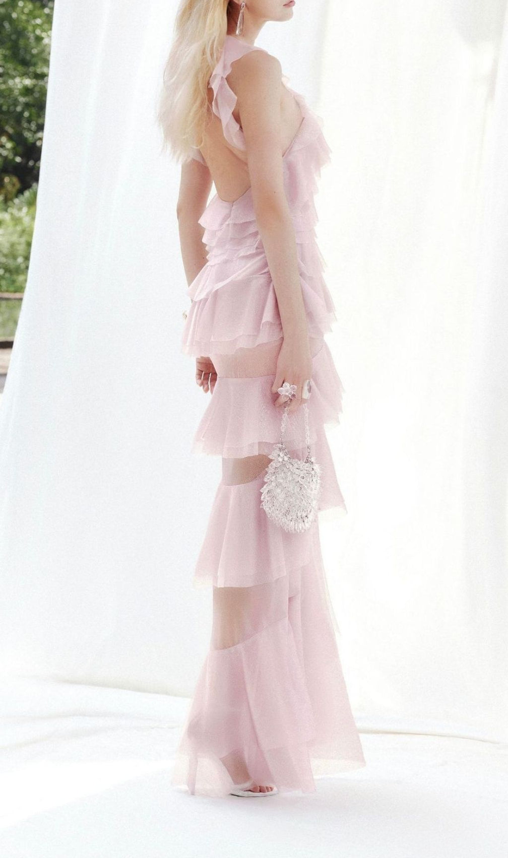 Knute Pink Ruffle Layered Backless Maxi Dress