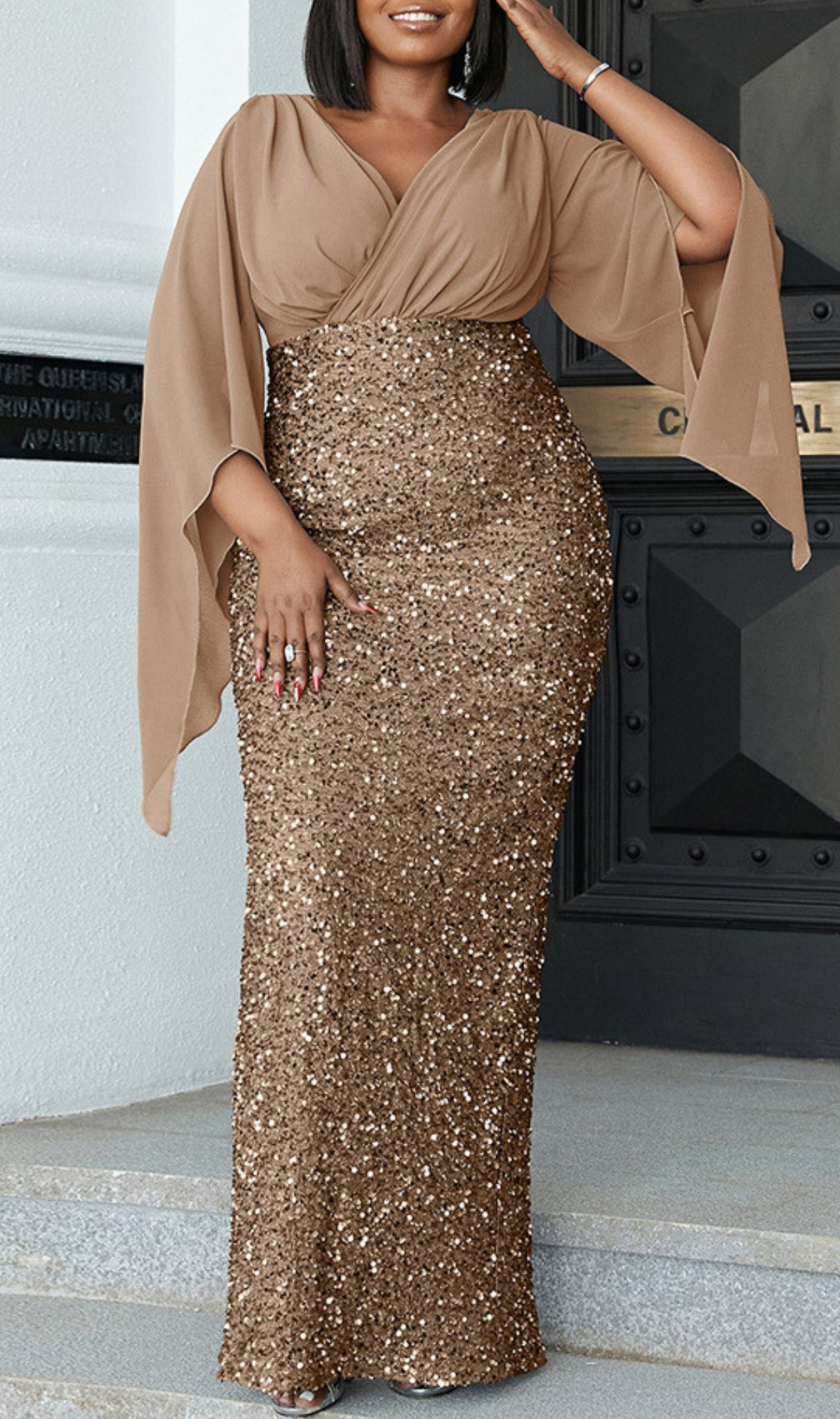 Bayarma Gold Sequin V-Neck Plus Size Maxi Dress