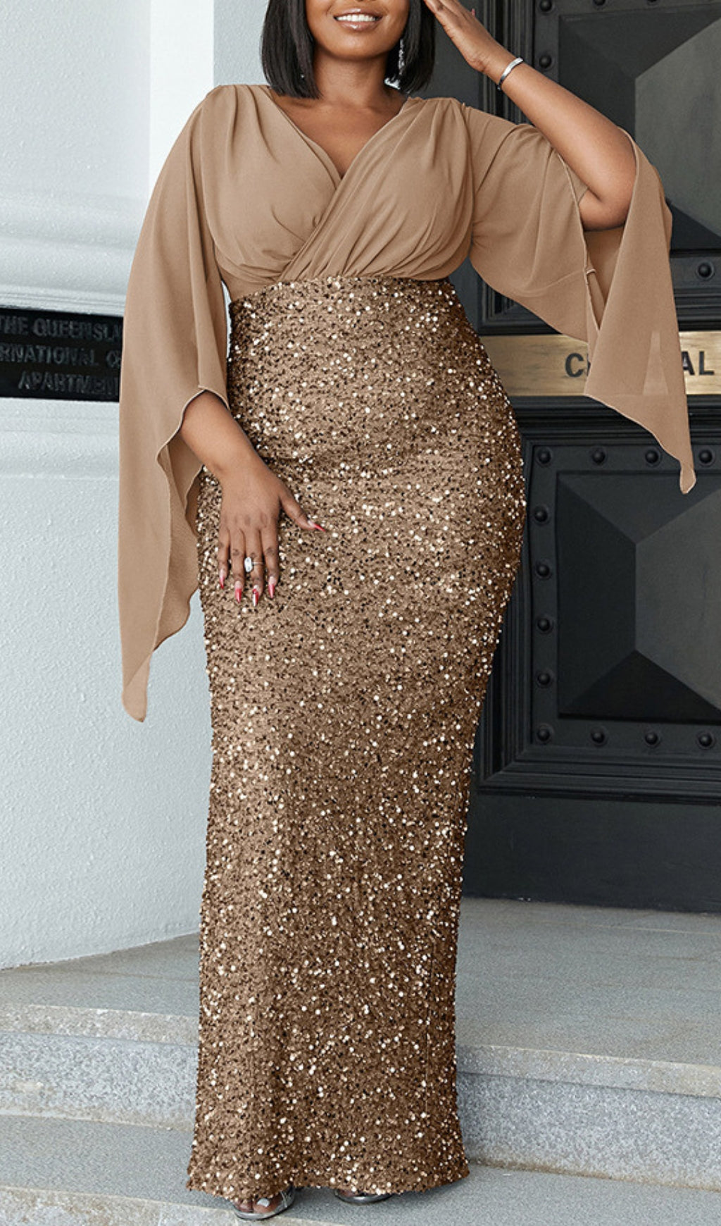 Bayarma Gold Sequin V-Neck Plus Size Maxi Dress