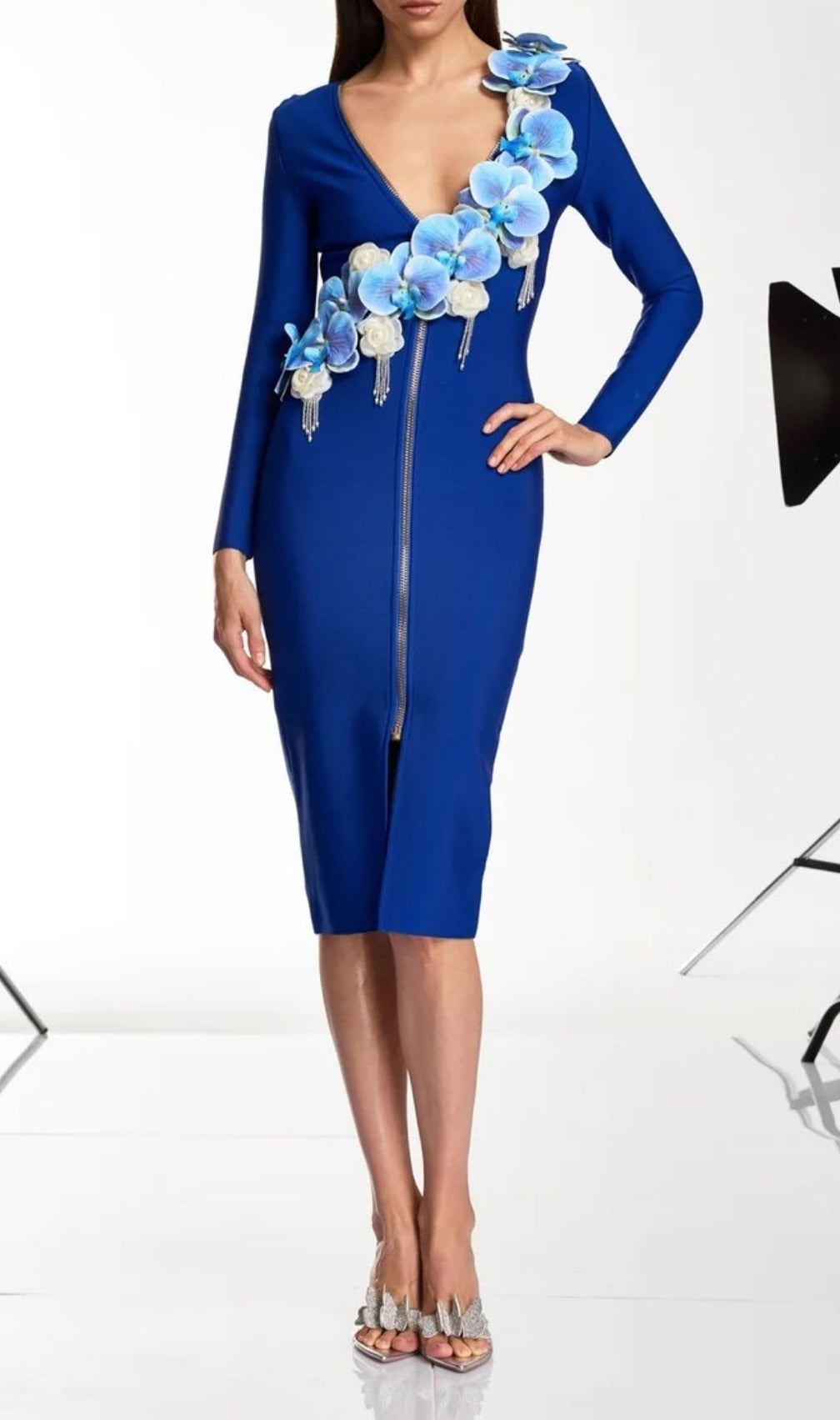 Dacey Royal Blue Floral V-Neck Bandage Midi Dress - Sculpting Elegance