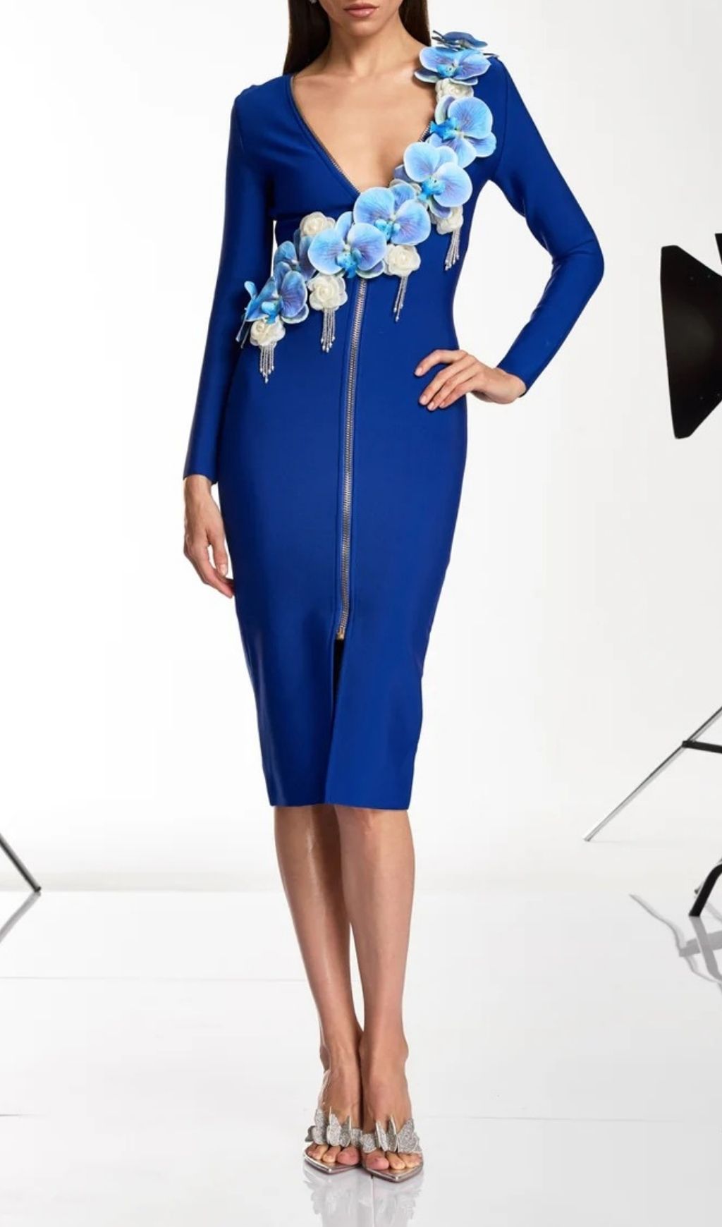 Dacey Royal Blue Floral V-Neck Bandage Midi Dress - Sculpting Elegance