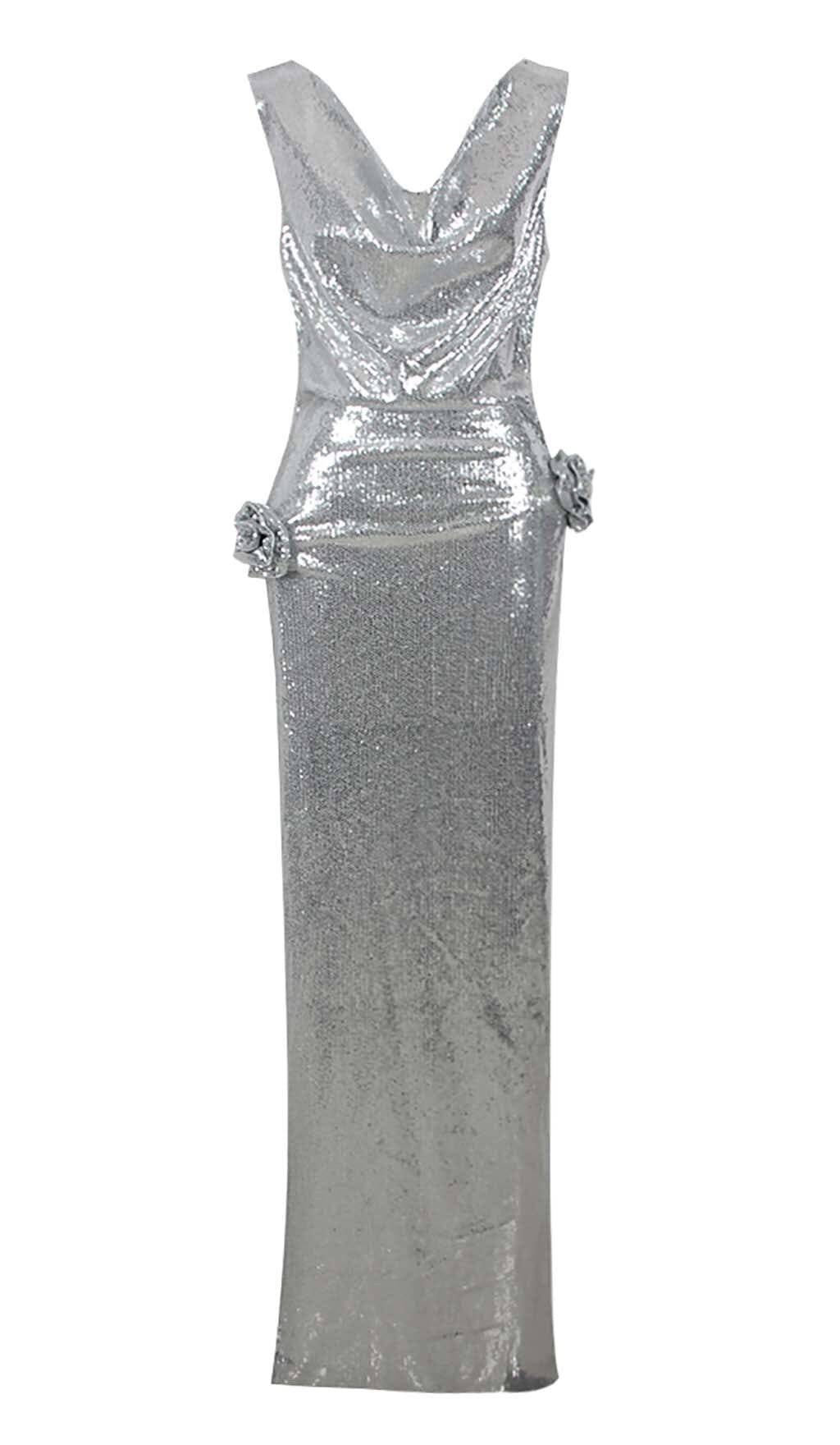 Mbellished V-Neck Column Gown In Silver