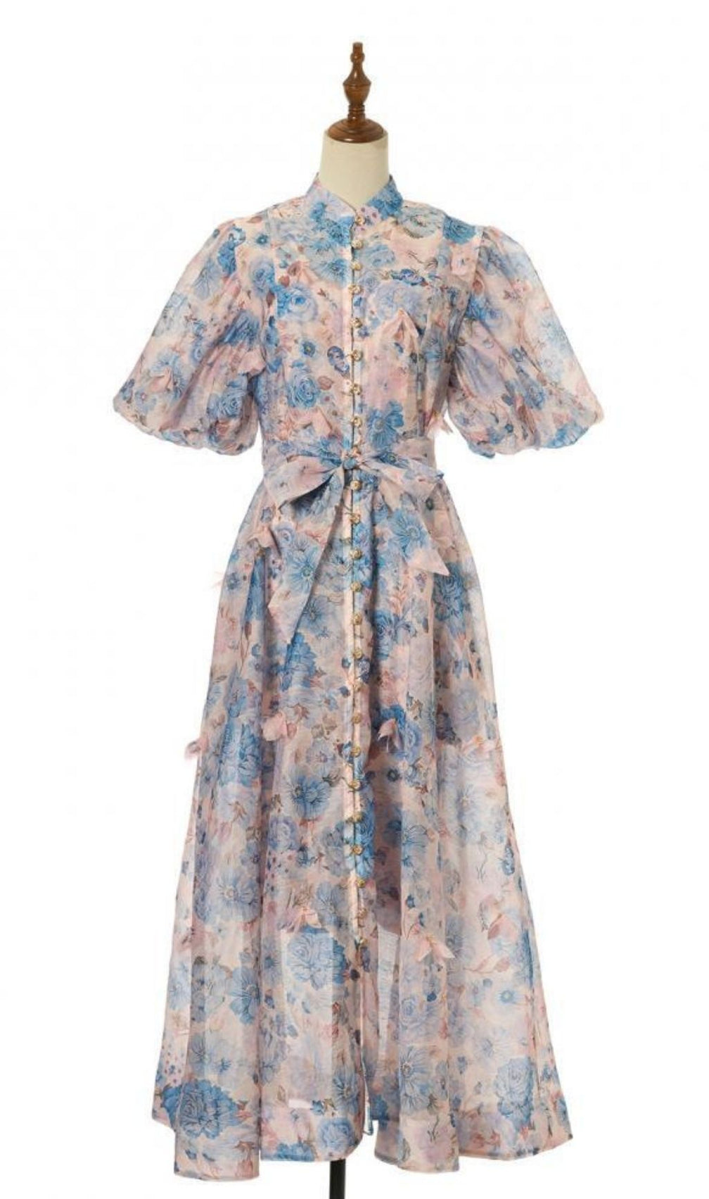 Karlyn Romantic Floral Puff-Sleeve Maxi Dress with Self-Tie Belt | Ethereal Button-Down Gown