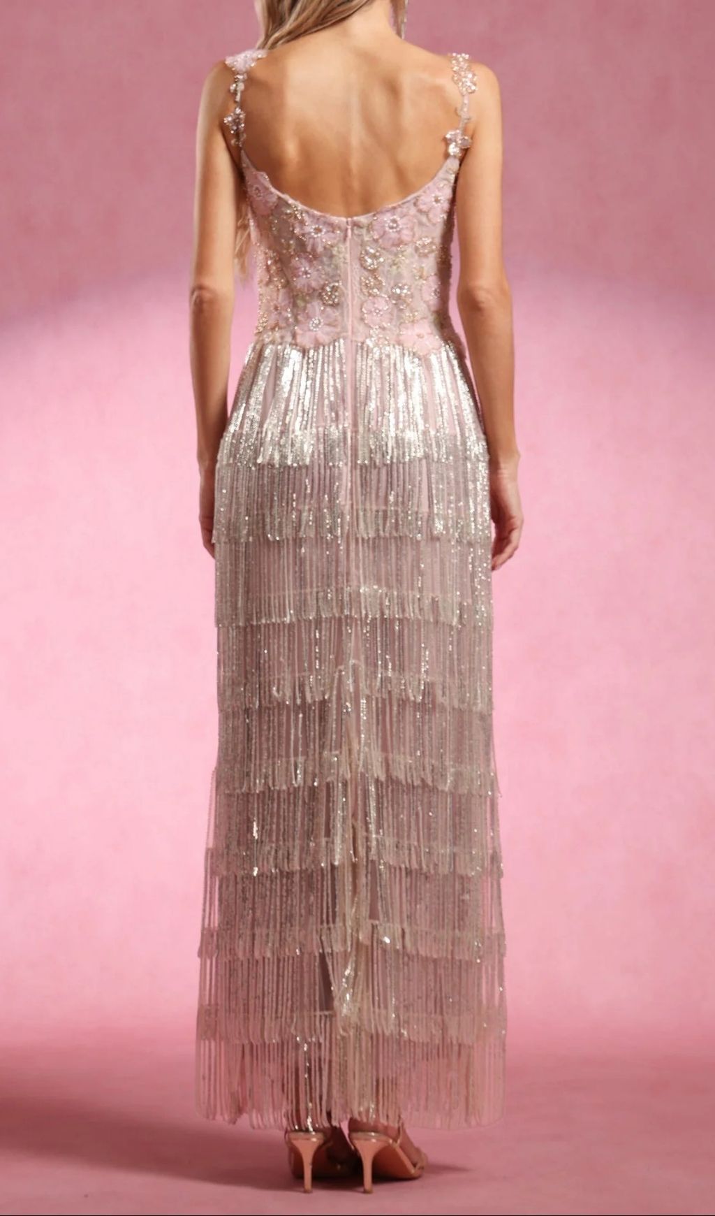 Katrice Floral & Sequin Fringe Maxi Dress - Strappy Boho Glam Gown