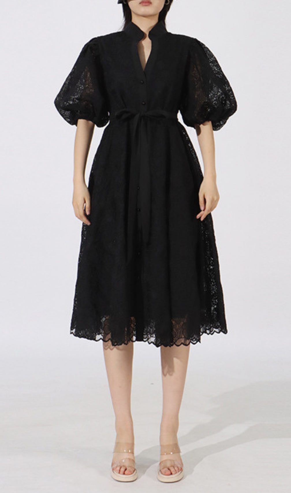 Emeril Puff-Sleeve Embroidery Midi Dress