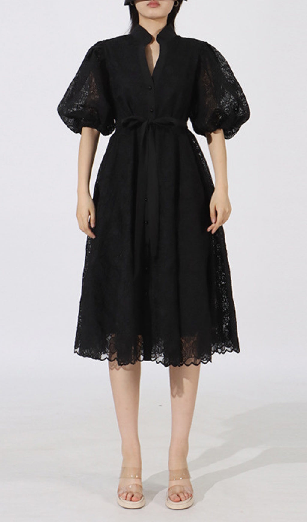Emeril Puff-Sleeve Embroidery Midi Dress