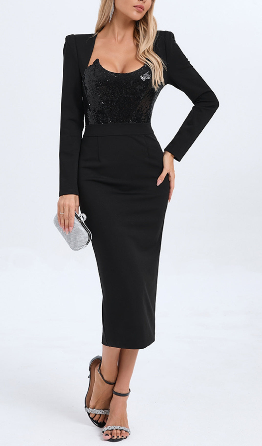 Britta Black Long Sleeve Sequin Midi Dress