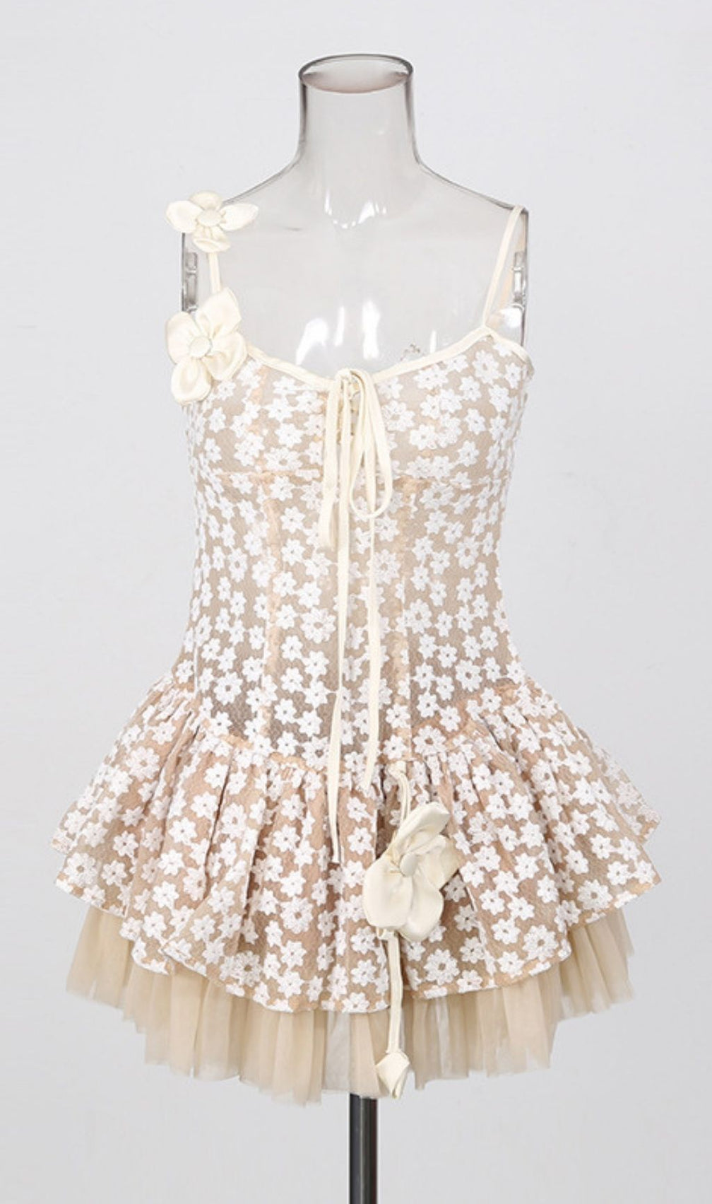 Kerstin Whimsical Floral Mesh Mini Dress | Ethereal Lace-Up Babydoll