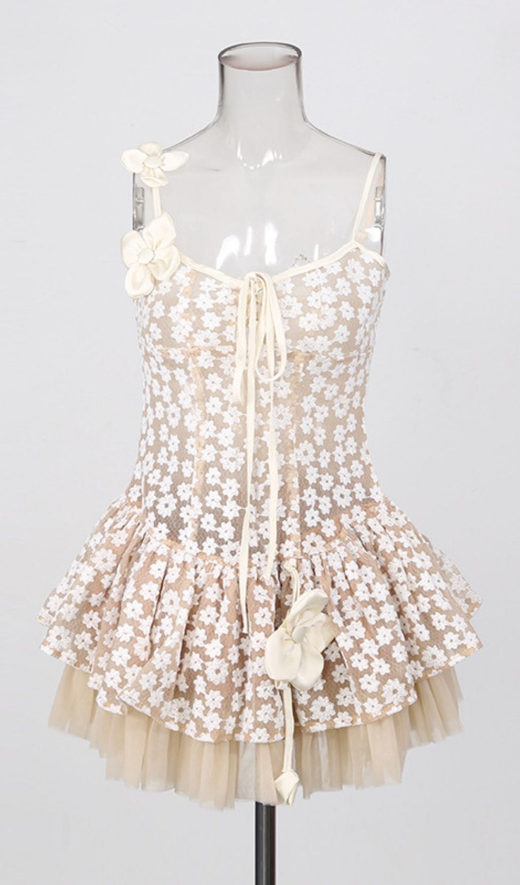 Kerstin Whimsical Floral Mesh Mini Dress | Ethereal Lace-Up Babydoll