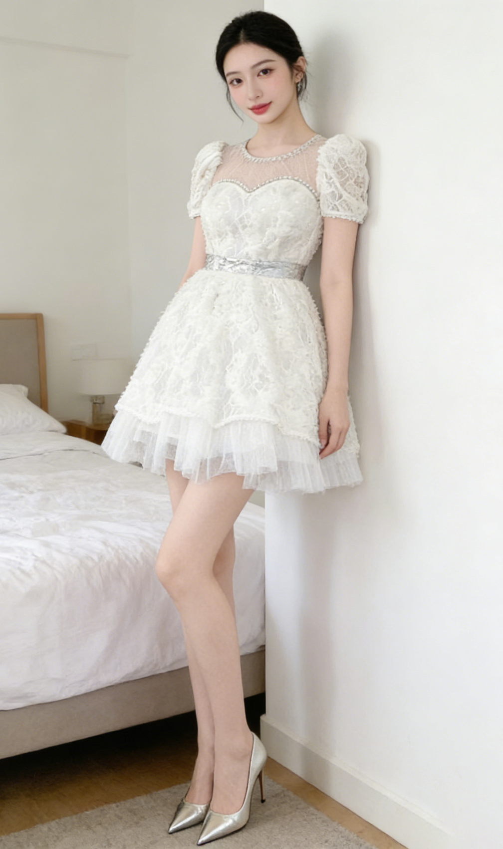White Lace Sequin Puff Sleeve Mini Dress with Tulle Hem