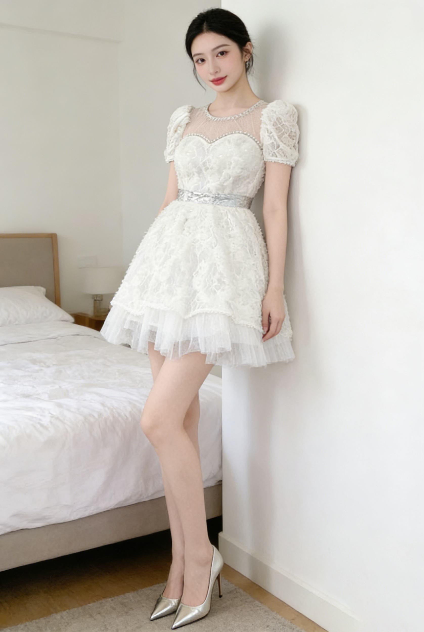 White Lace Sequin Puff Sleeve Mini Dress with Tulle Hem