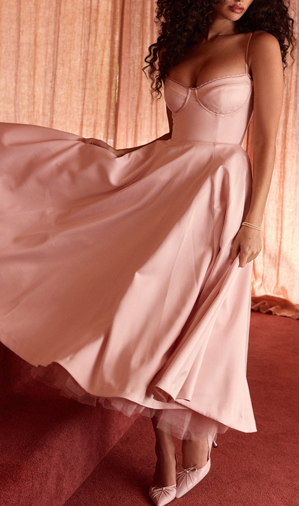 Alodia Pink Mesh Hem Midi Dress