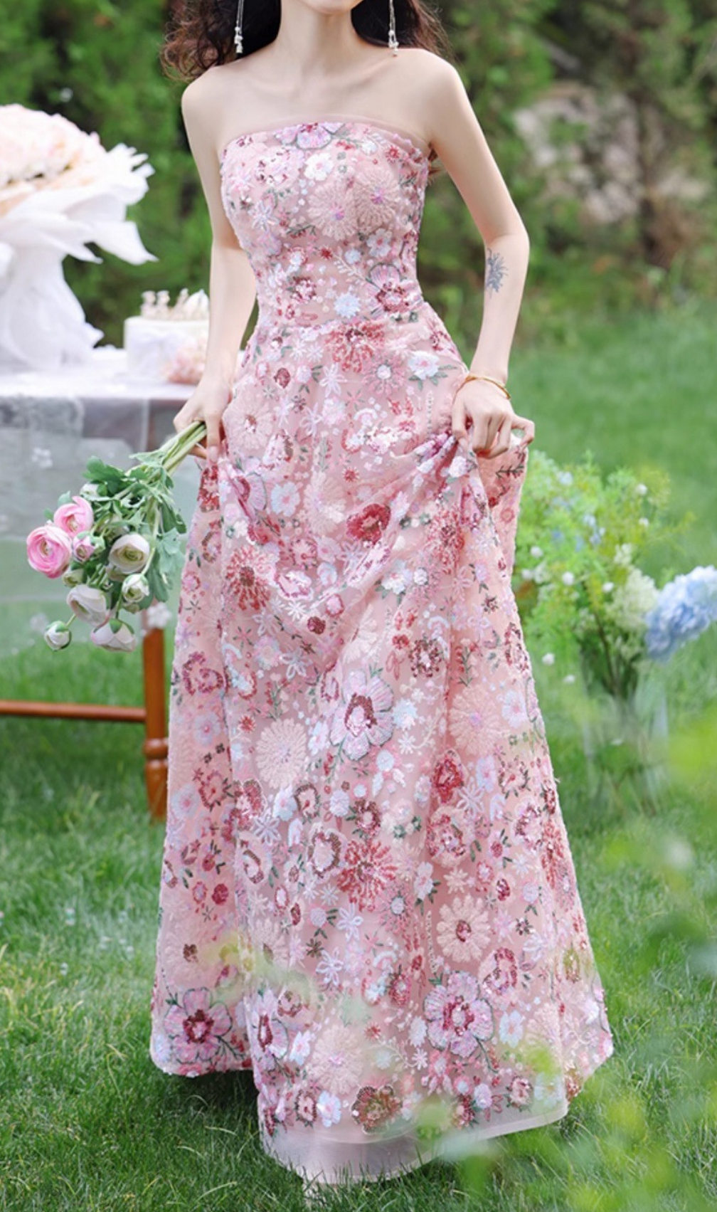 Geovany Pink Strapless Flower Sequin Maxi Dress