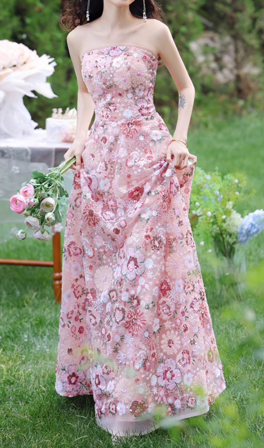 Geovany Pink Strapless Flower Sequin Maxi Dress