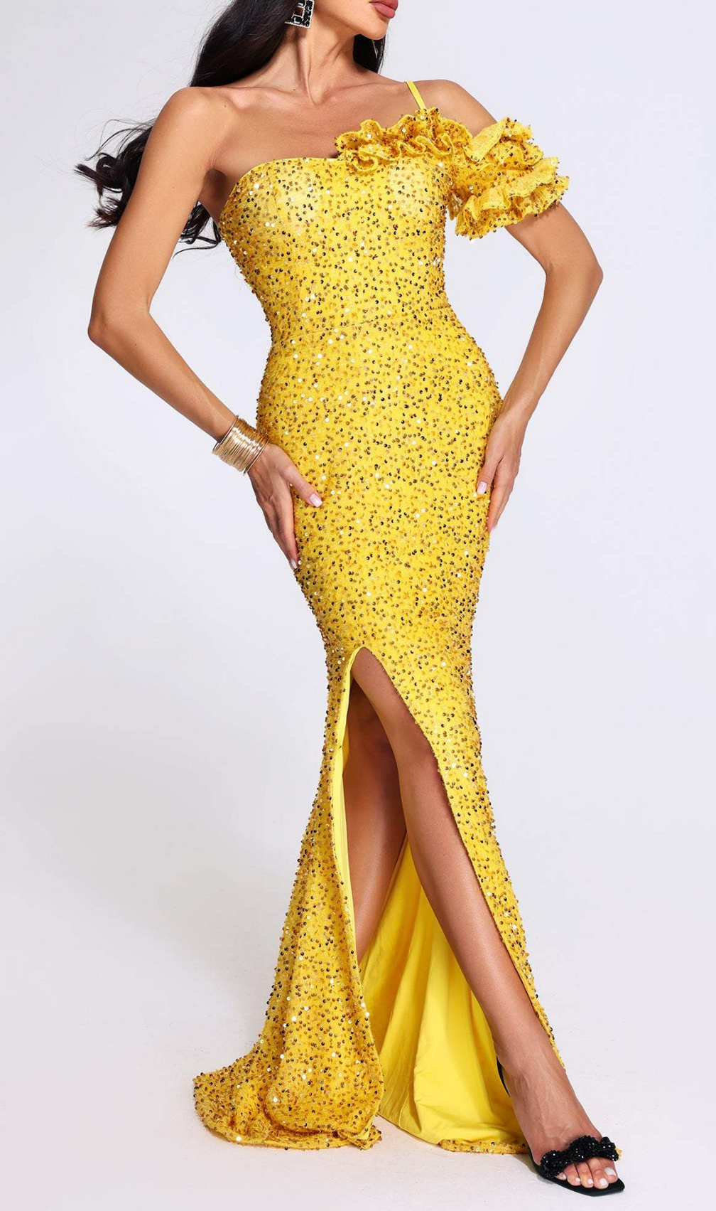 Ayn Yellow Sequined Slit Maxi Dress