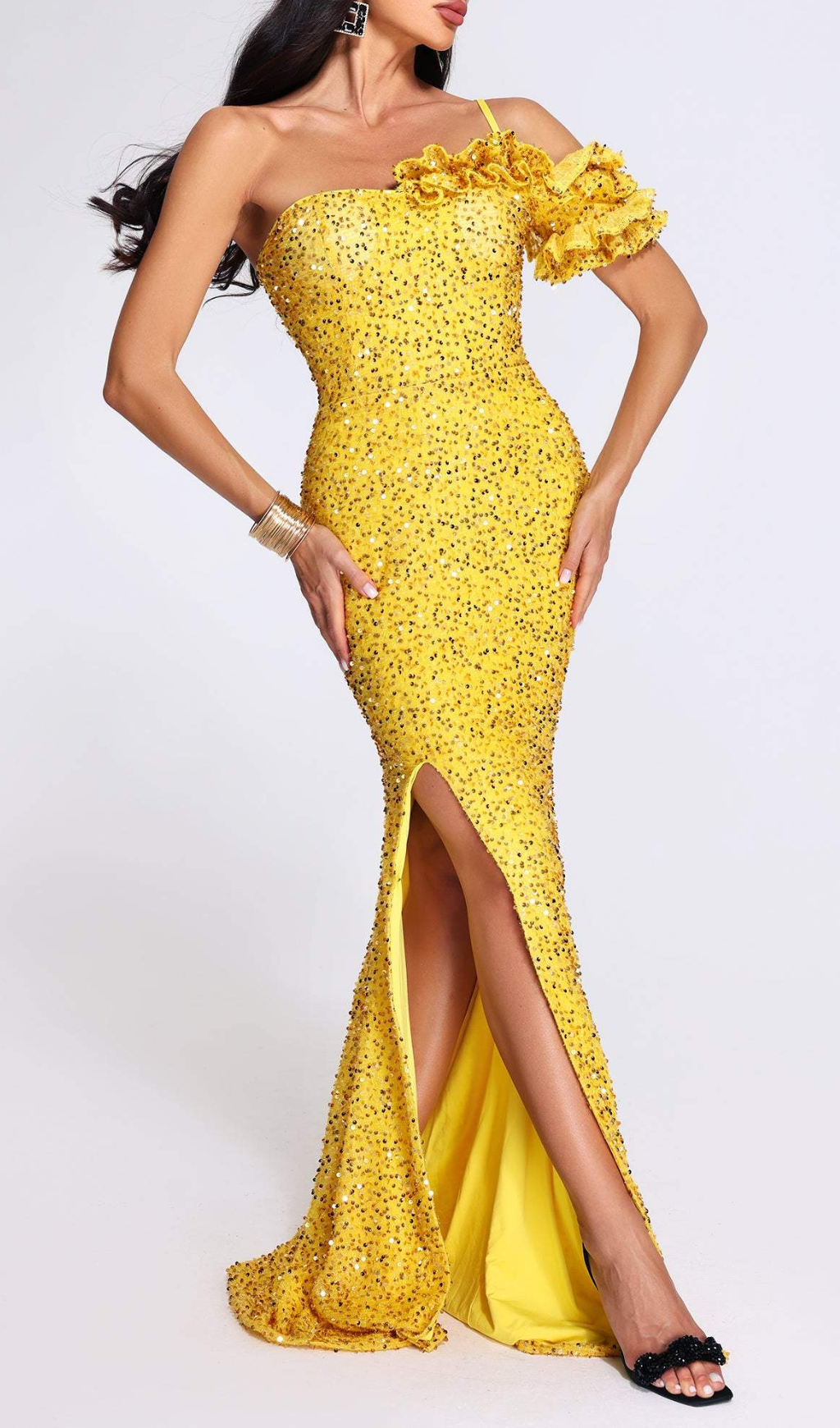 Ayn Yellow Sequined Slit Maxi Dress