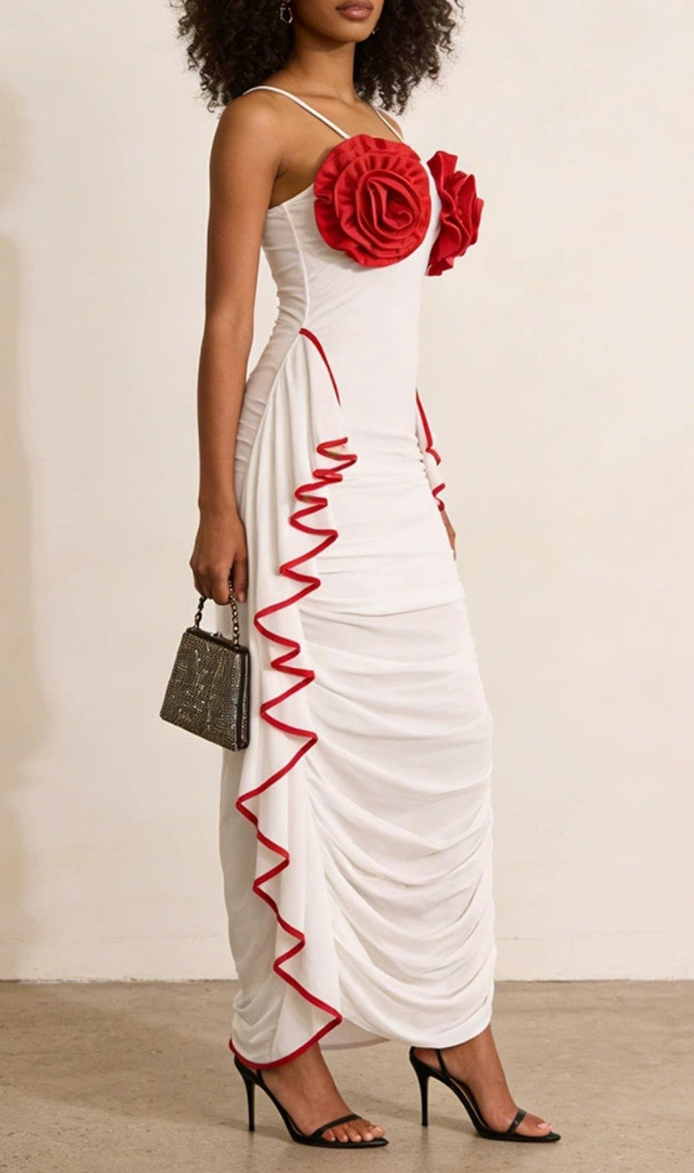 Keziah Enchanting 3D Rose Ruched Maxi Dress - White & Red Elegance