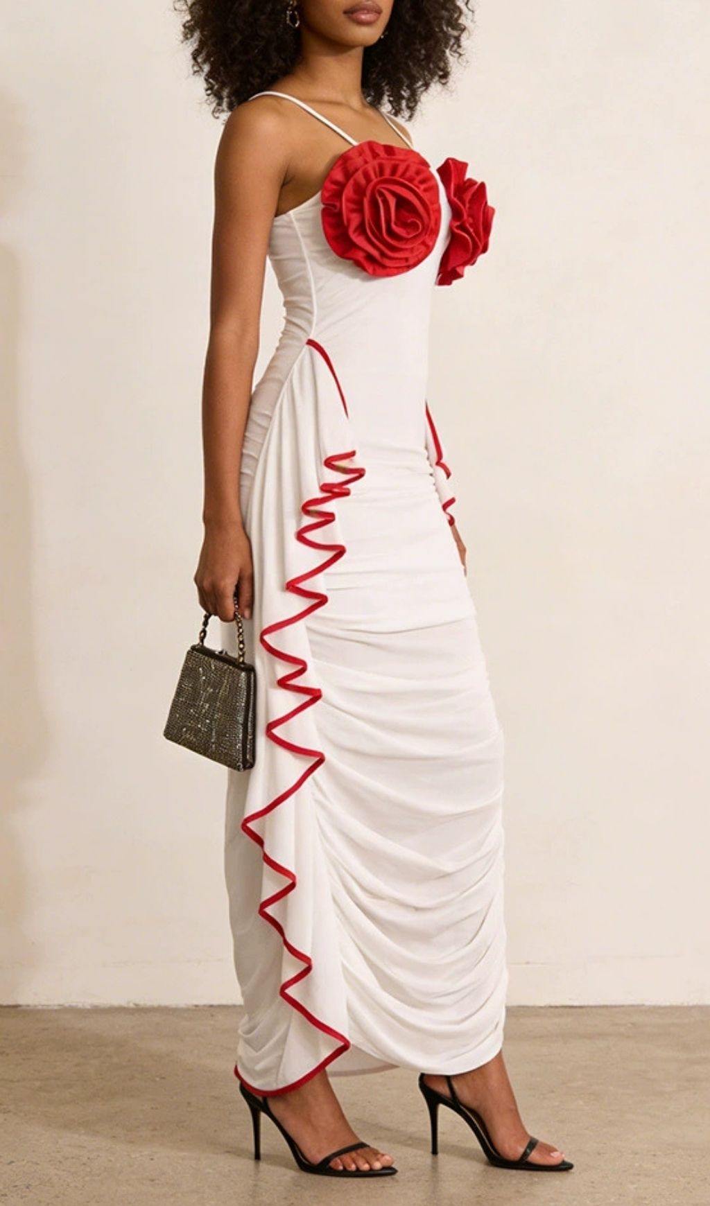 Keziah Enchanting 3D Rose Ruched Maxi Dress - White & Red Elegance