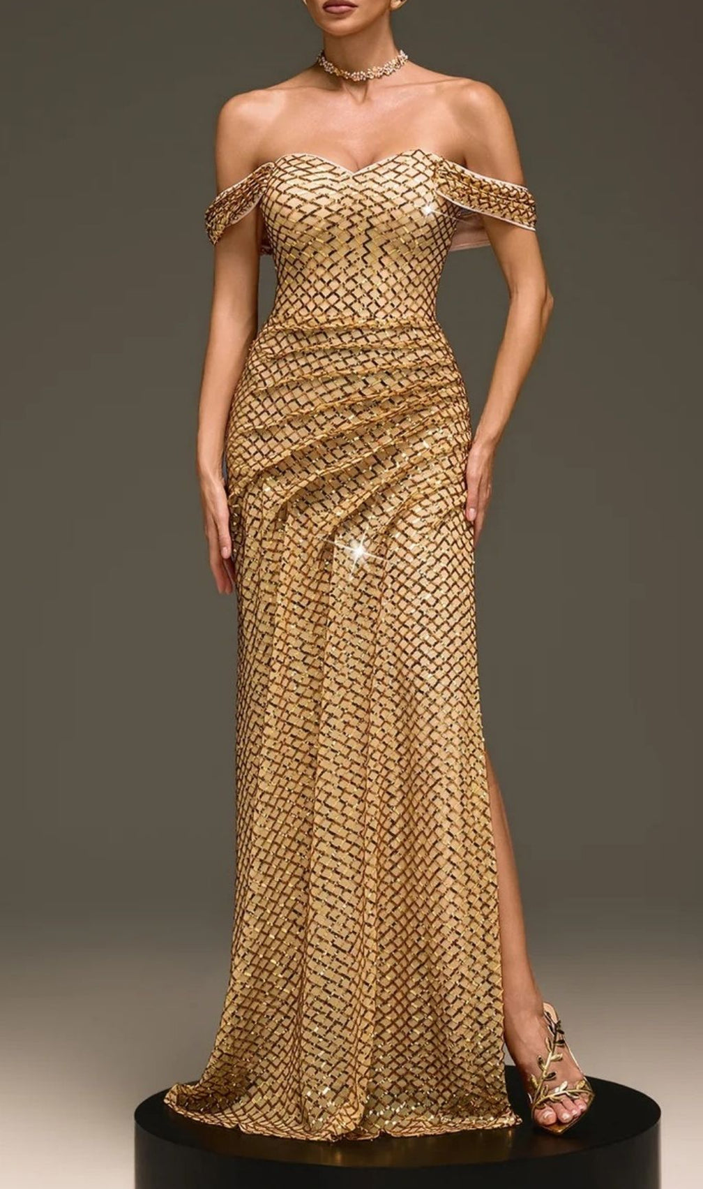 Glein Dazzling Gold Sequin Off-Shoulder Maxi Gown with Dramatic Slit