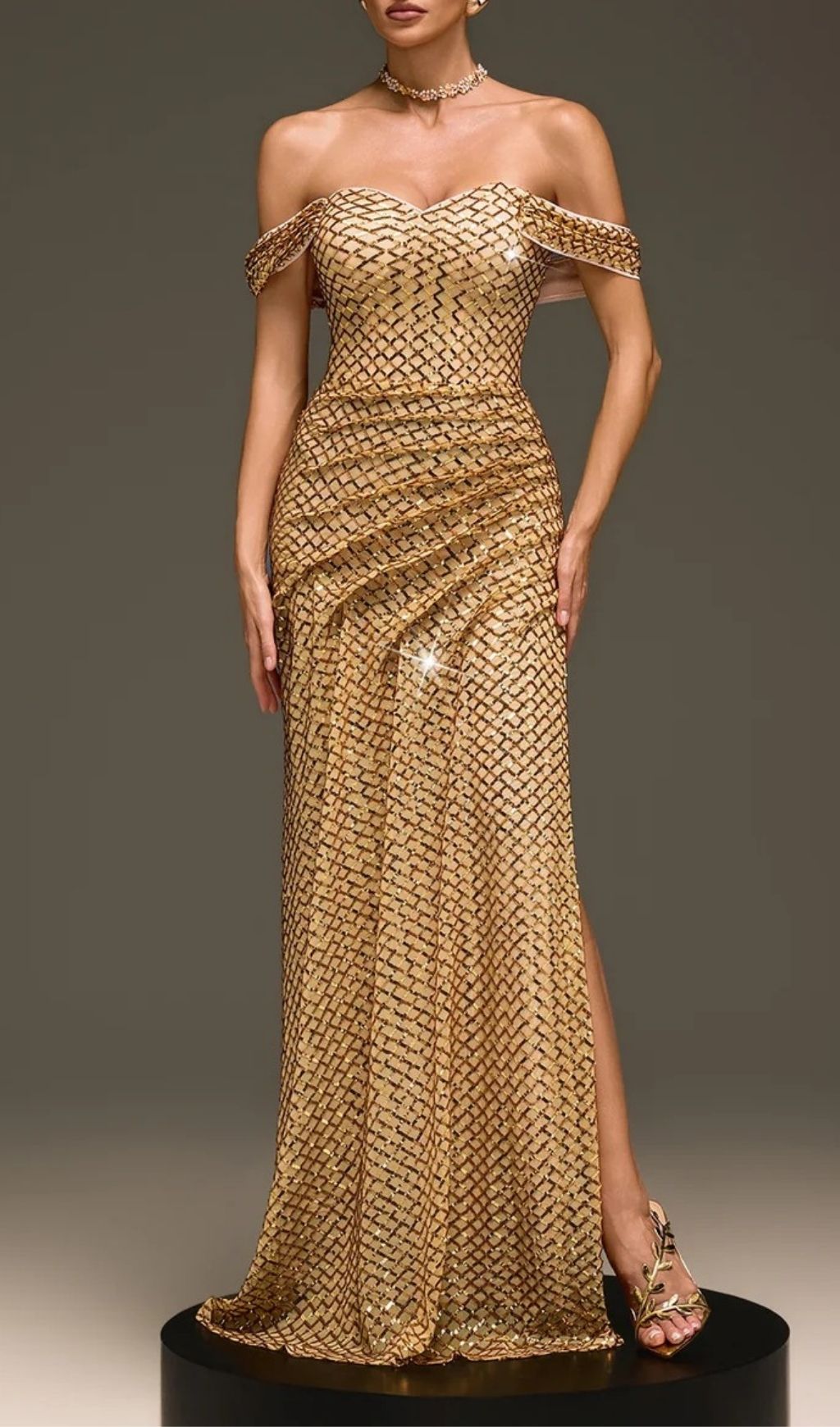 Glein Dazzling Gold Sequin Off-Shoulder Maxi Gown with Dramatic Slit