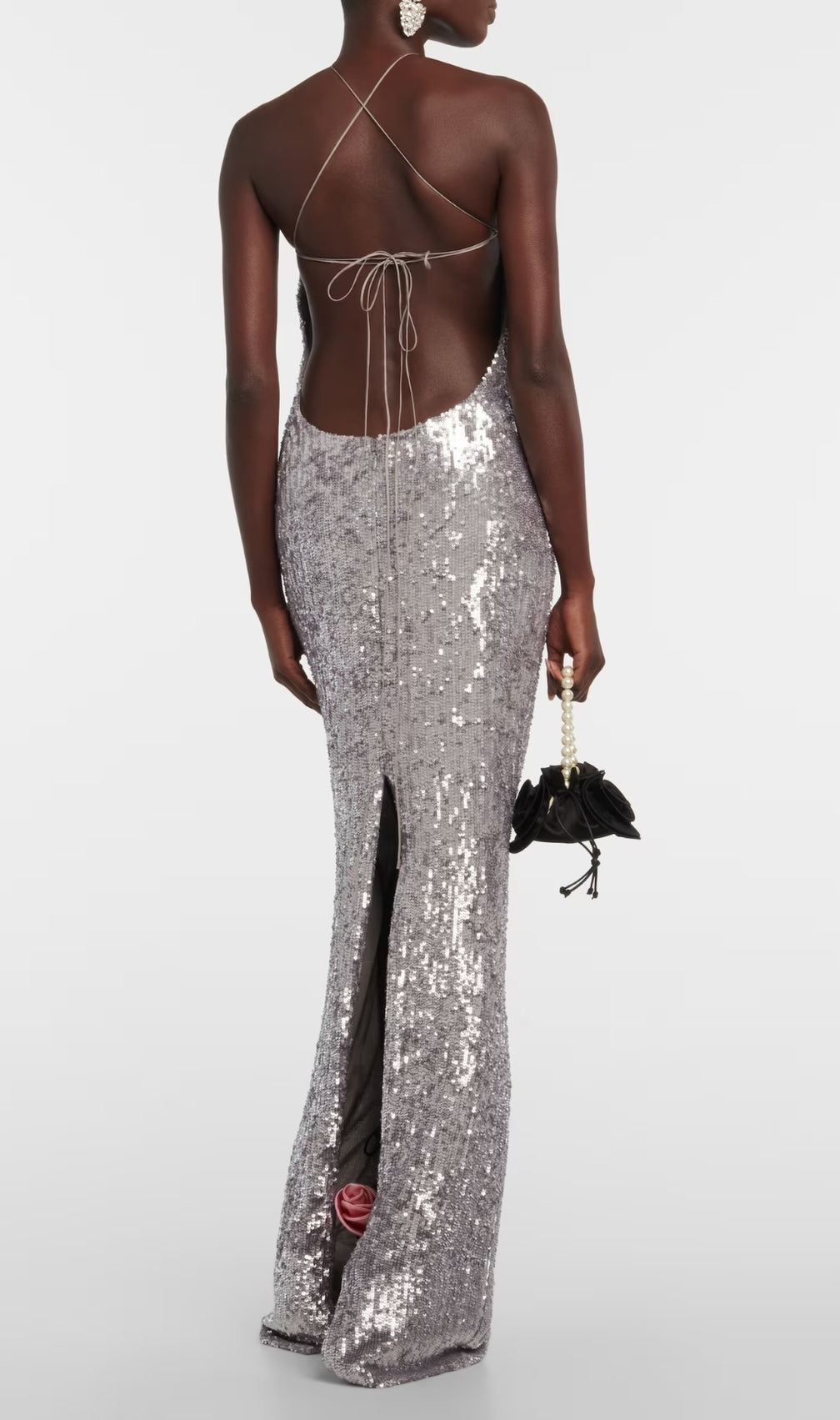 Betiana Silver Halter Flower Sequin Maxi Dress