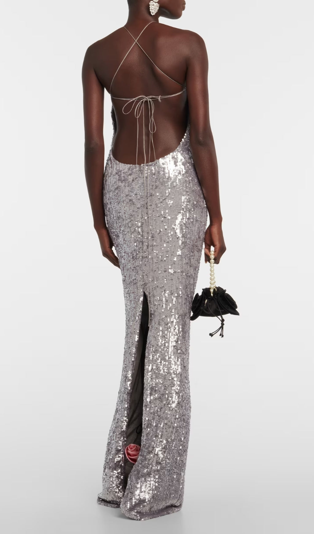 Betiana Silver Halter Flower Sequin Maxi Dress