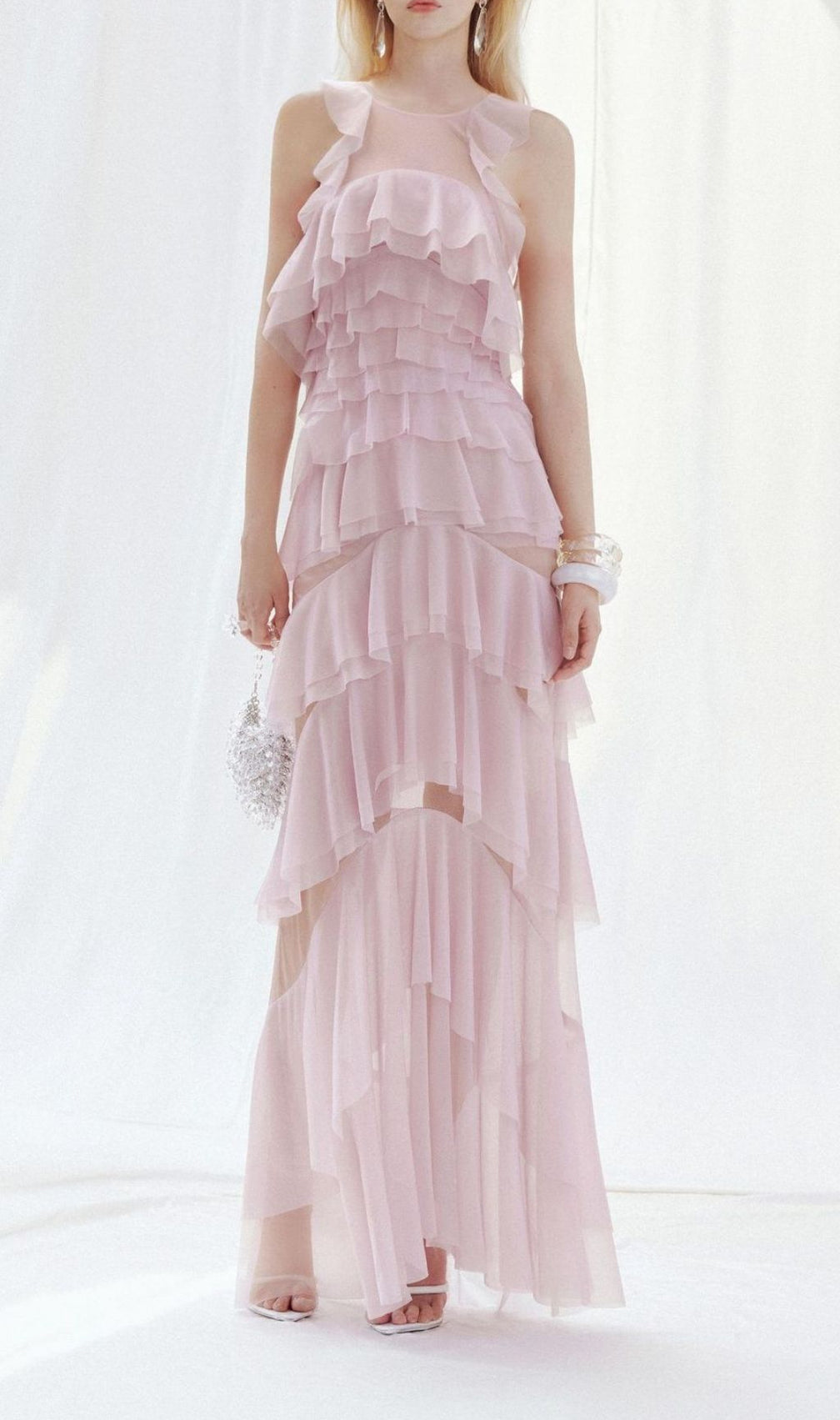 Knute Pink Ruffle Layered Backless Maxi Dress