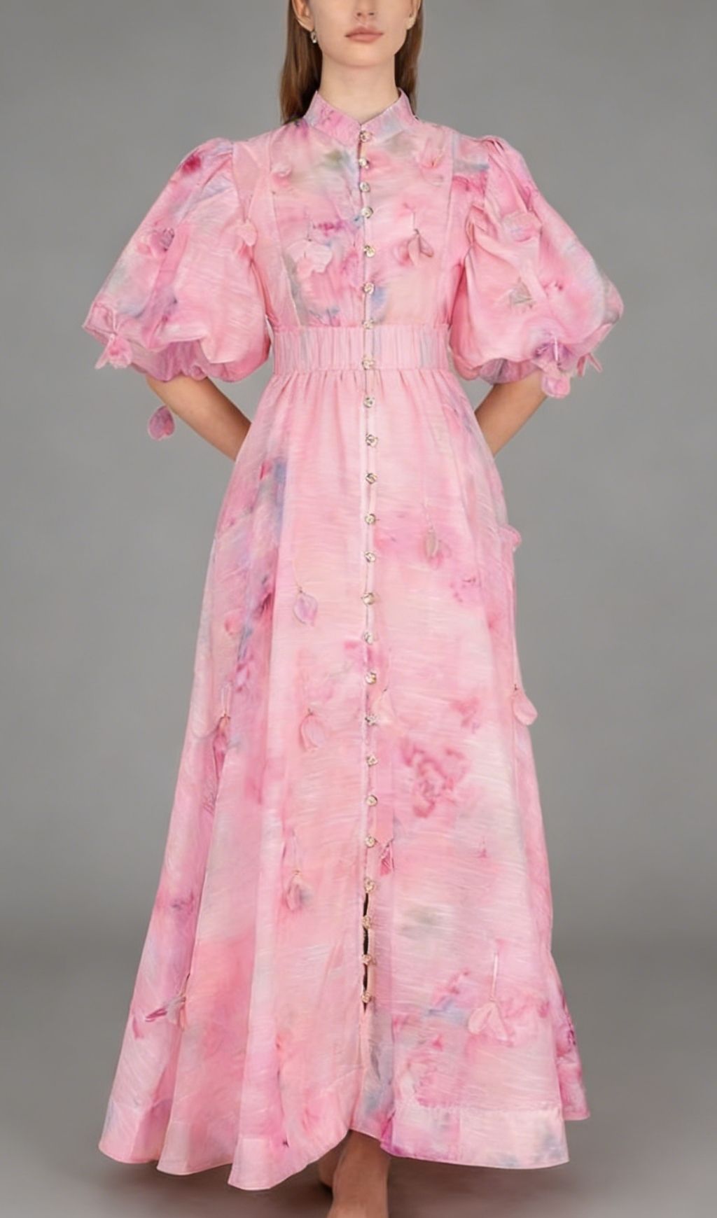 Karli Romantic Pink Floral Puff-Sleeve Maxi Dress | Elegant Chiffon Gown