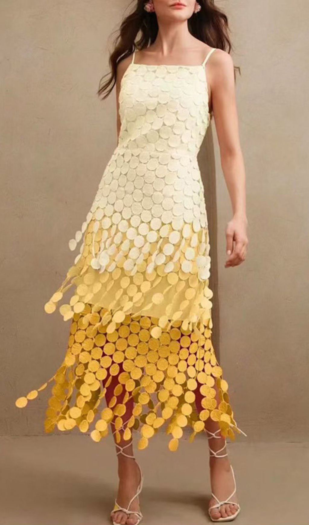 Vibrant Ham Ombre Yellow Layered Circle Midi Dress | Strappy & Chic for Special Occasions