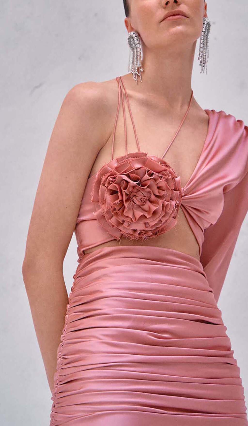 Floral One Shoulder Satin Mini Dress In Pink