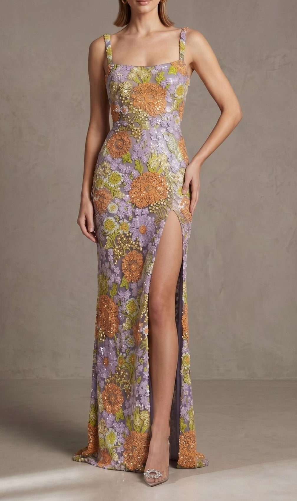Kiko Dazzling Floral Sequin Maxi Dress with High Slit