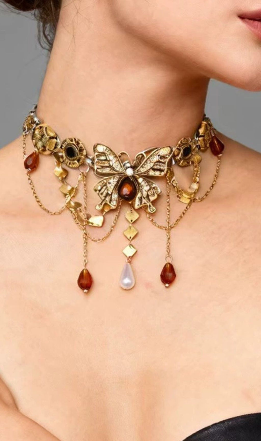 Elegant Butterfly Teardrop Tassel Choker Necklace | Vintage Statement Piece