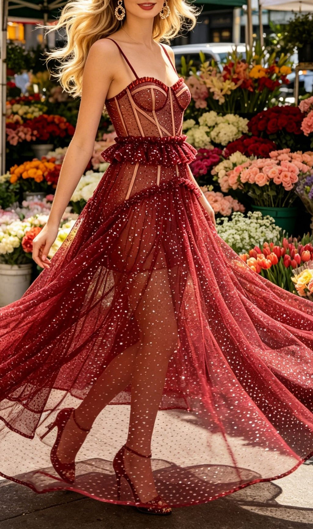 Korene Red Strappy Sequin Mesh Maxi Dress