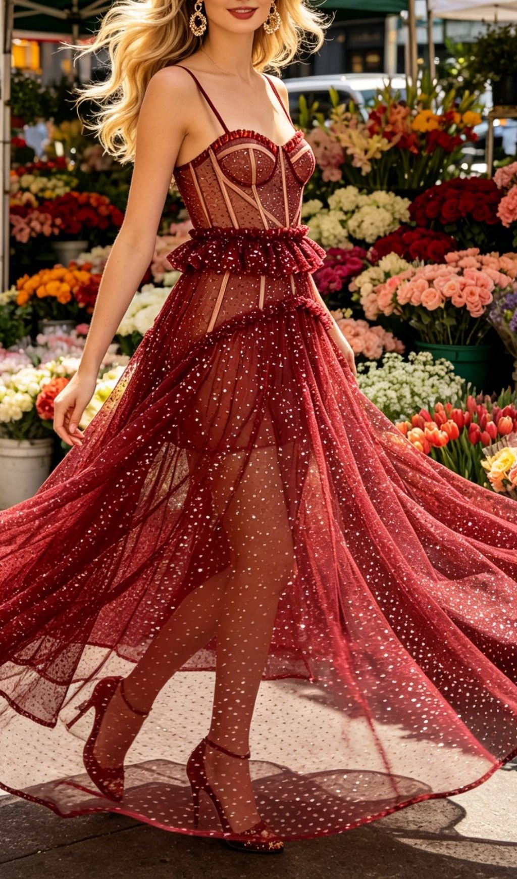 Korene Red Strappy Sequin Mesh Maxi Dress